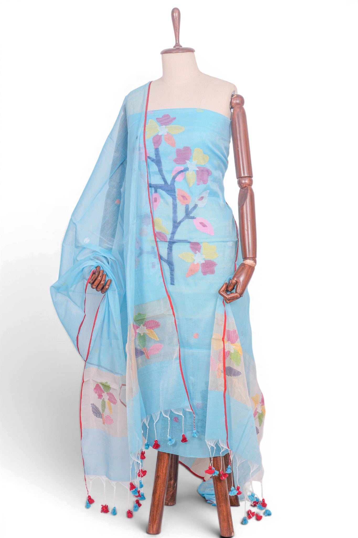 Phulia Cotton Jamdani Sky Blue Salwar Suit Set W/O Bottom
