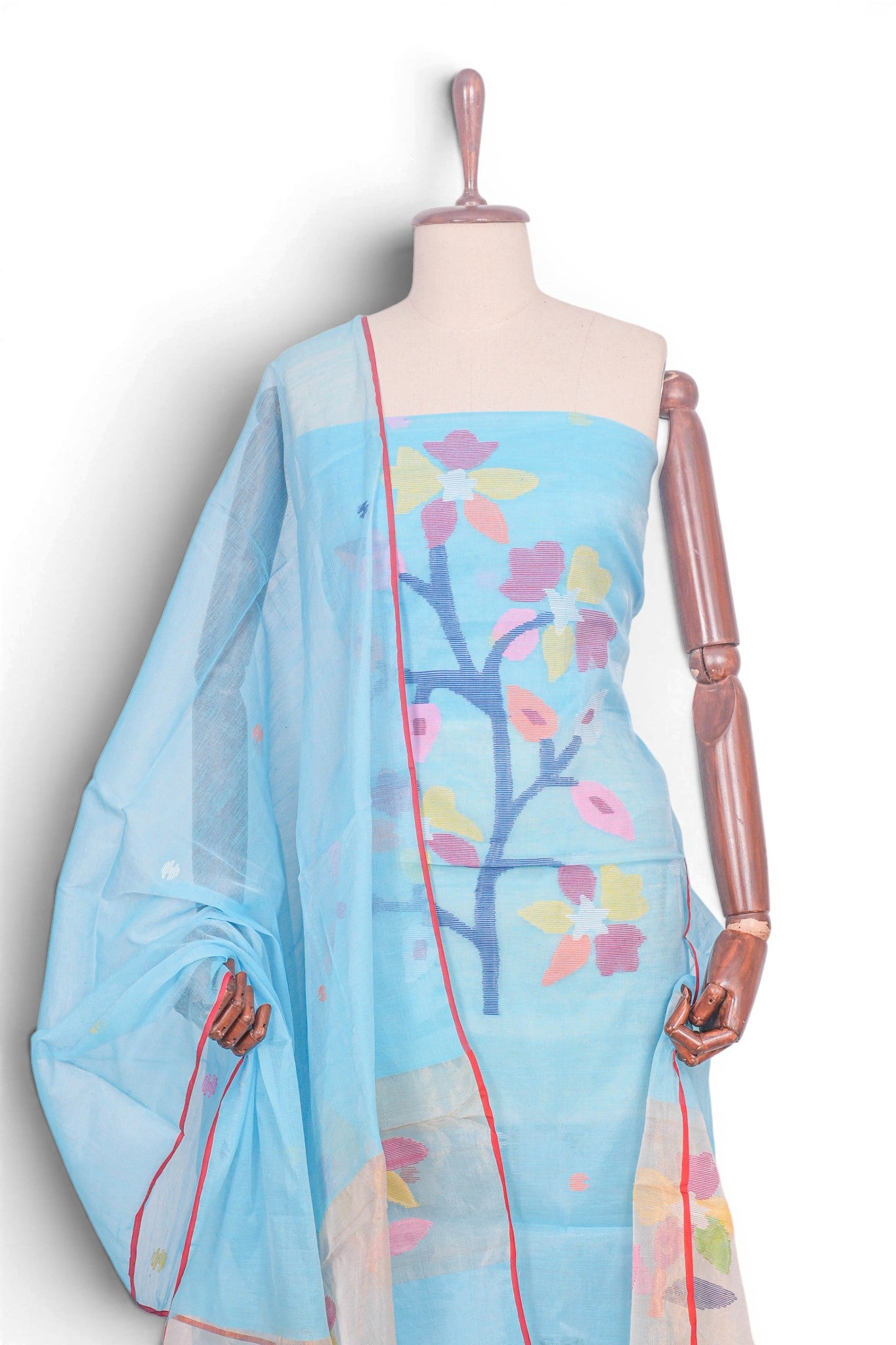 Phulia Cotton Jamdani Sky Blue Salwar Suit Set W/O Bottom