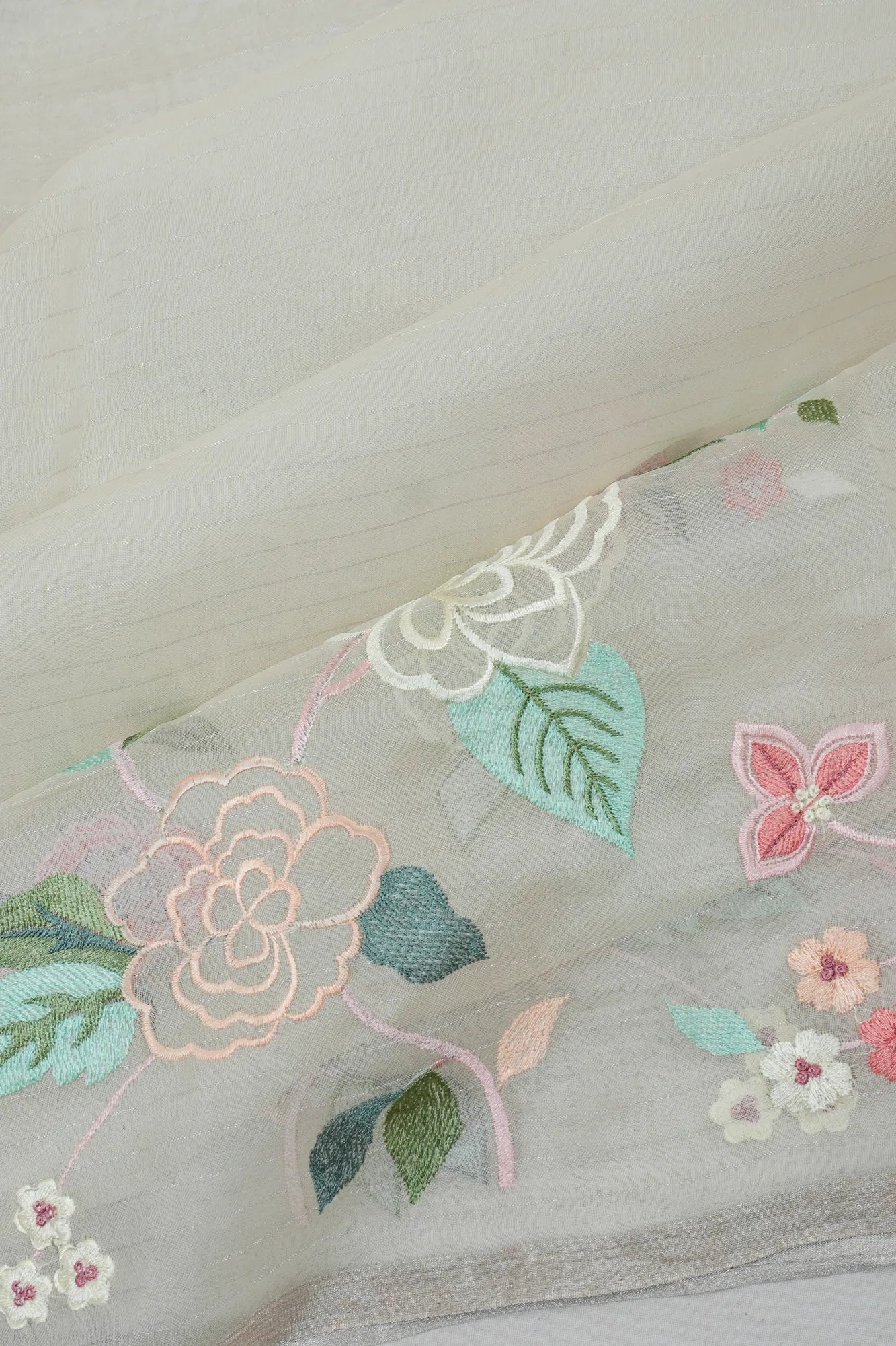 Organza Lines White Saree With Embroidery Border