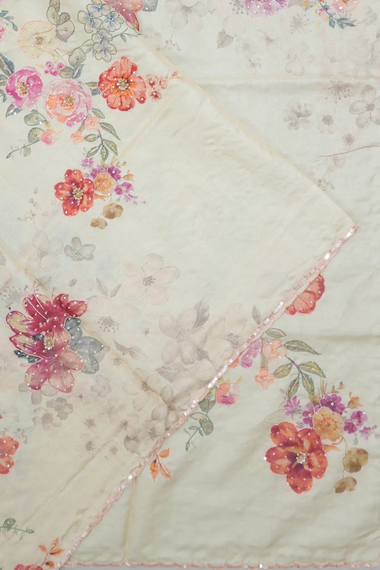Tussar Floral Printed Cream Saree With Sequin Embroidery Outline
