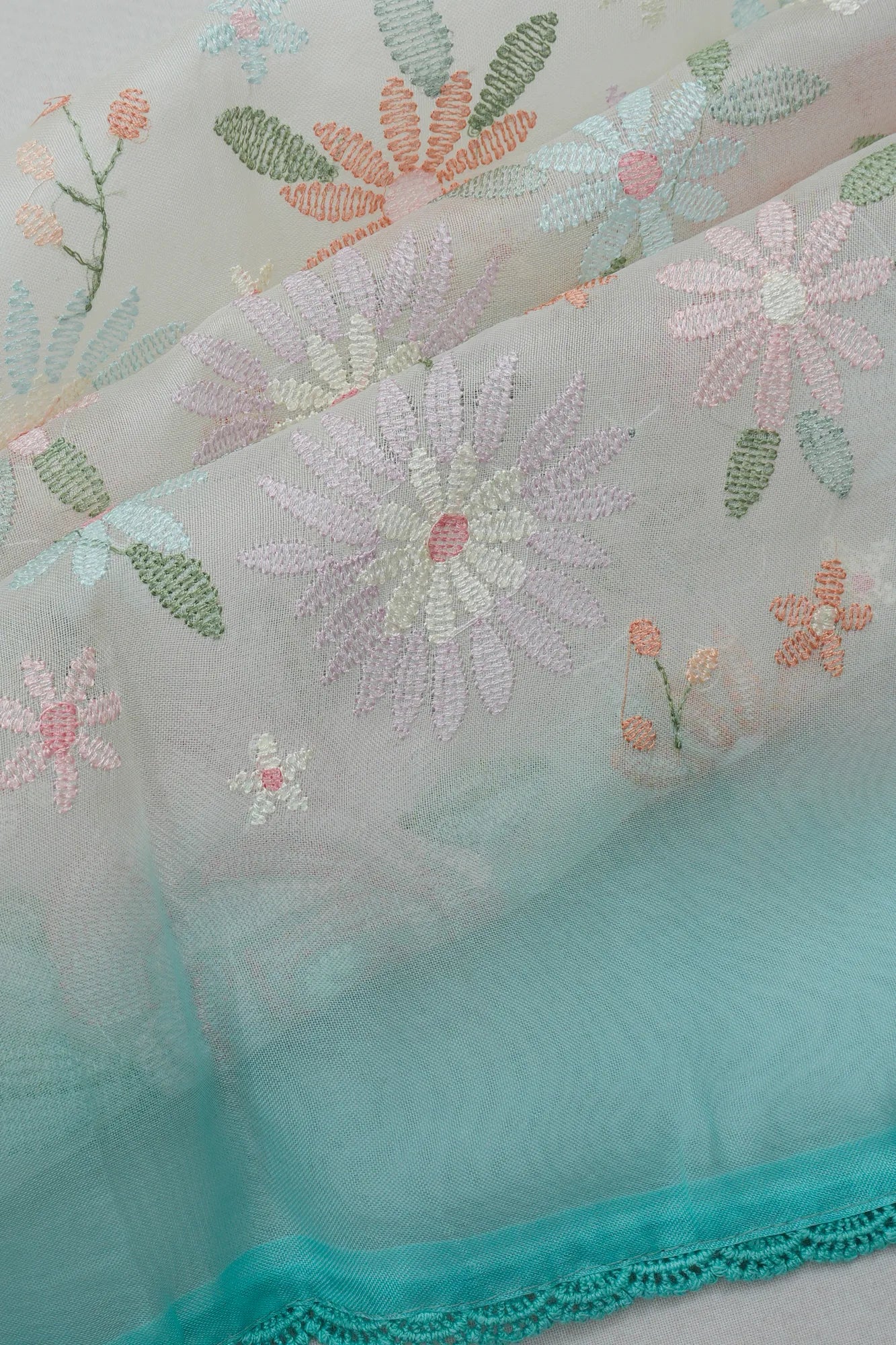 Organza Embroidery White Saree With Scallop Edge