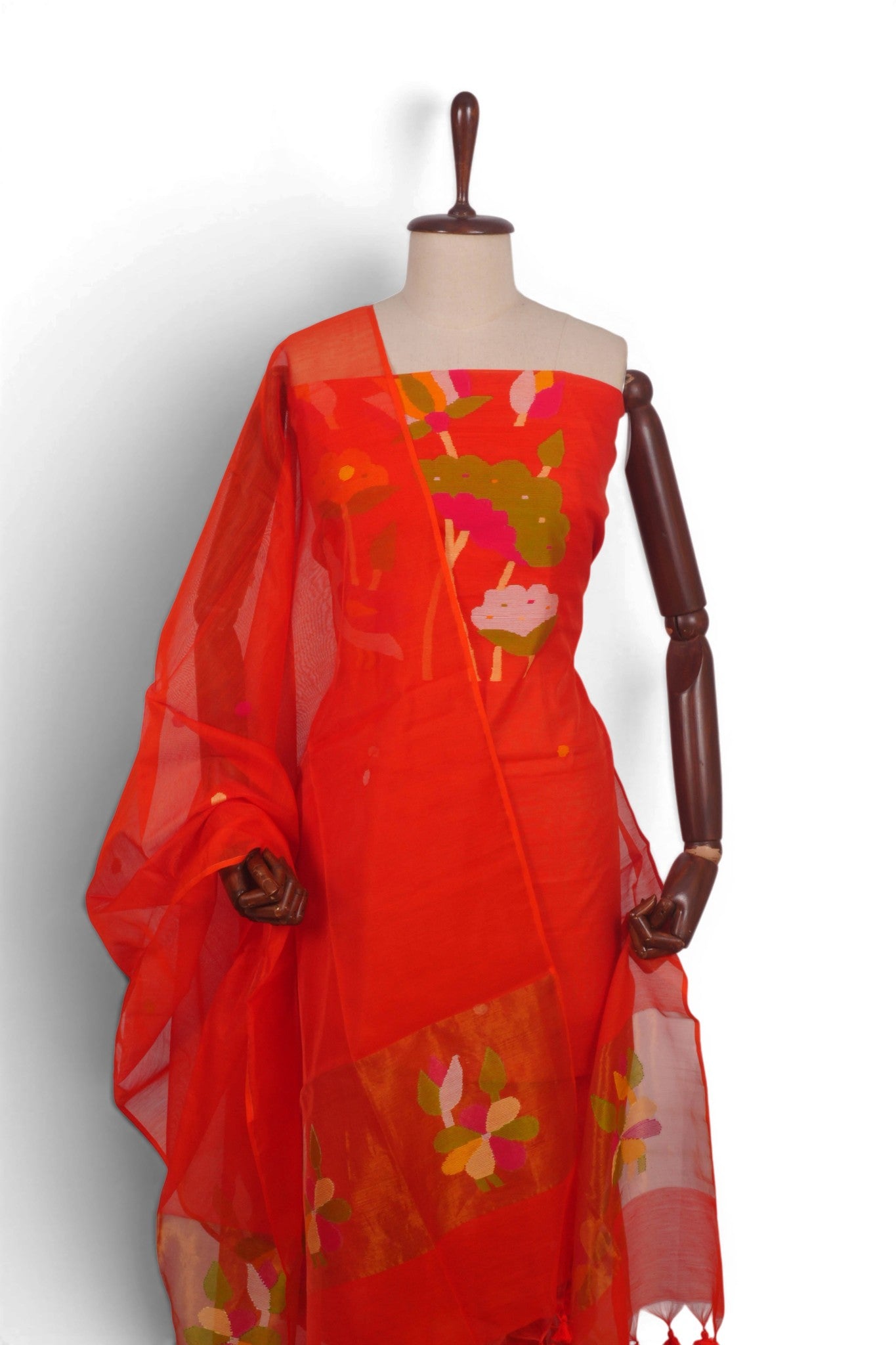 Phulia Cotton Jamdani Red Salwar Suit Set W/O Bottom