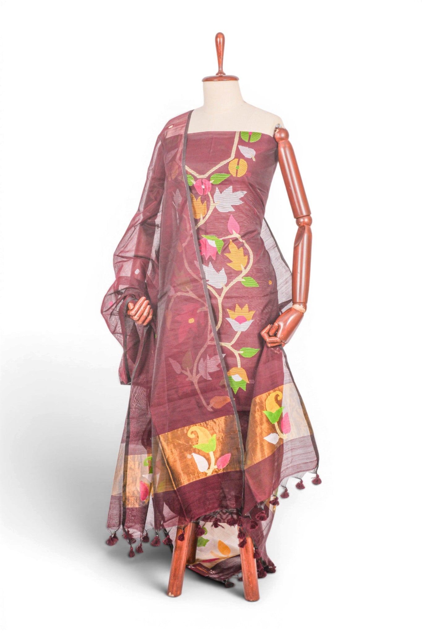 Phulia Cotton Jamdani Maroon Salwar Suit Set W/O Bottom