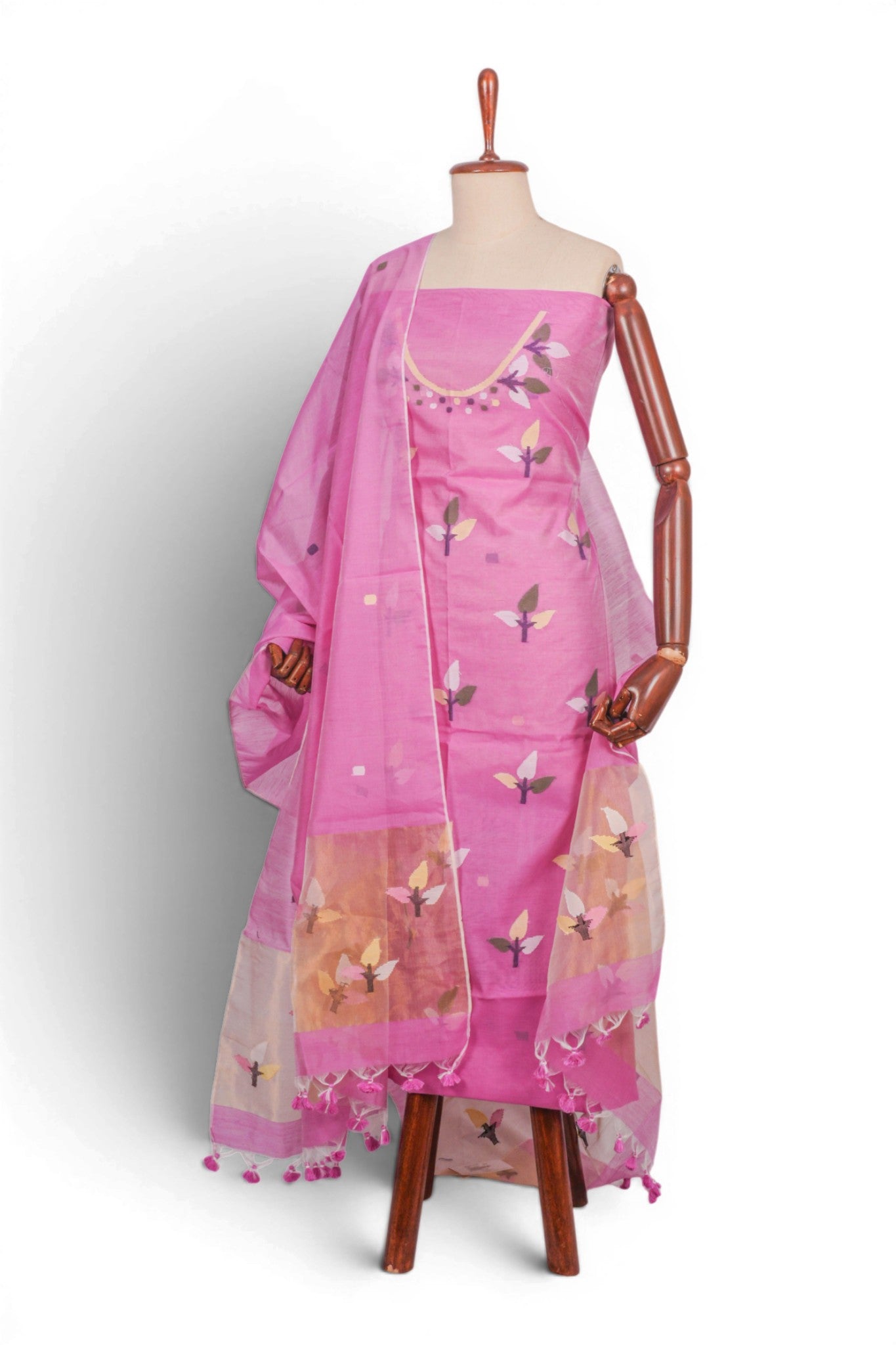 Phulia Cotton Jamdani Pink Salwar Suit Set W/O Bottom