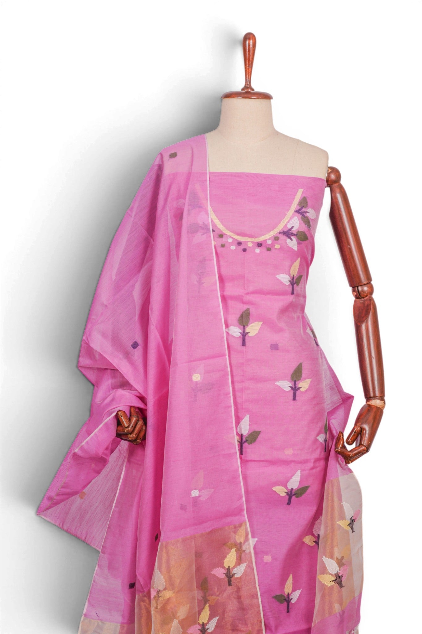 Phulia Cotton Jamdani Pink Salwar Suit Set W/O Bottom
