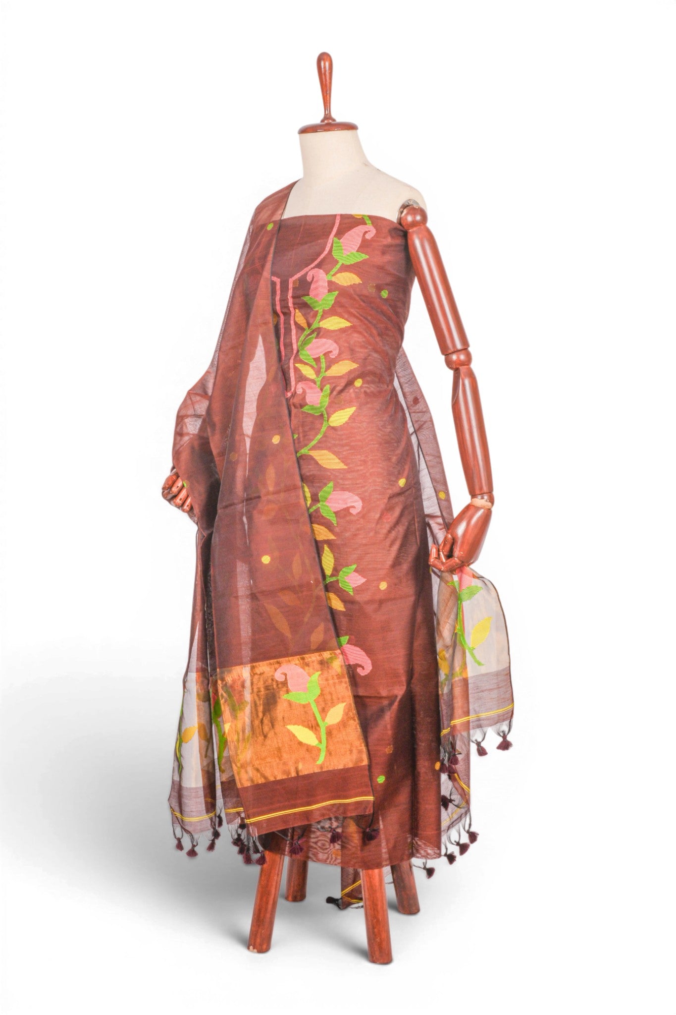 Phulia Cotton Jamdani Brown Salwar Suit Set W/O Bottom