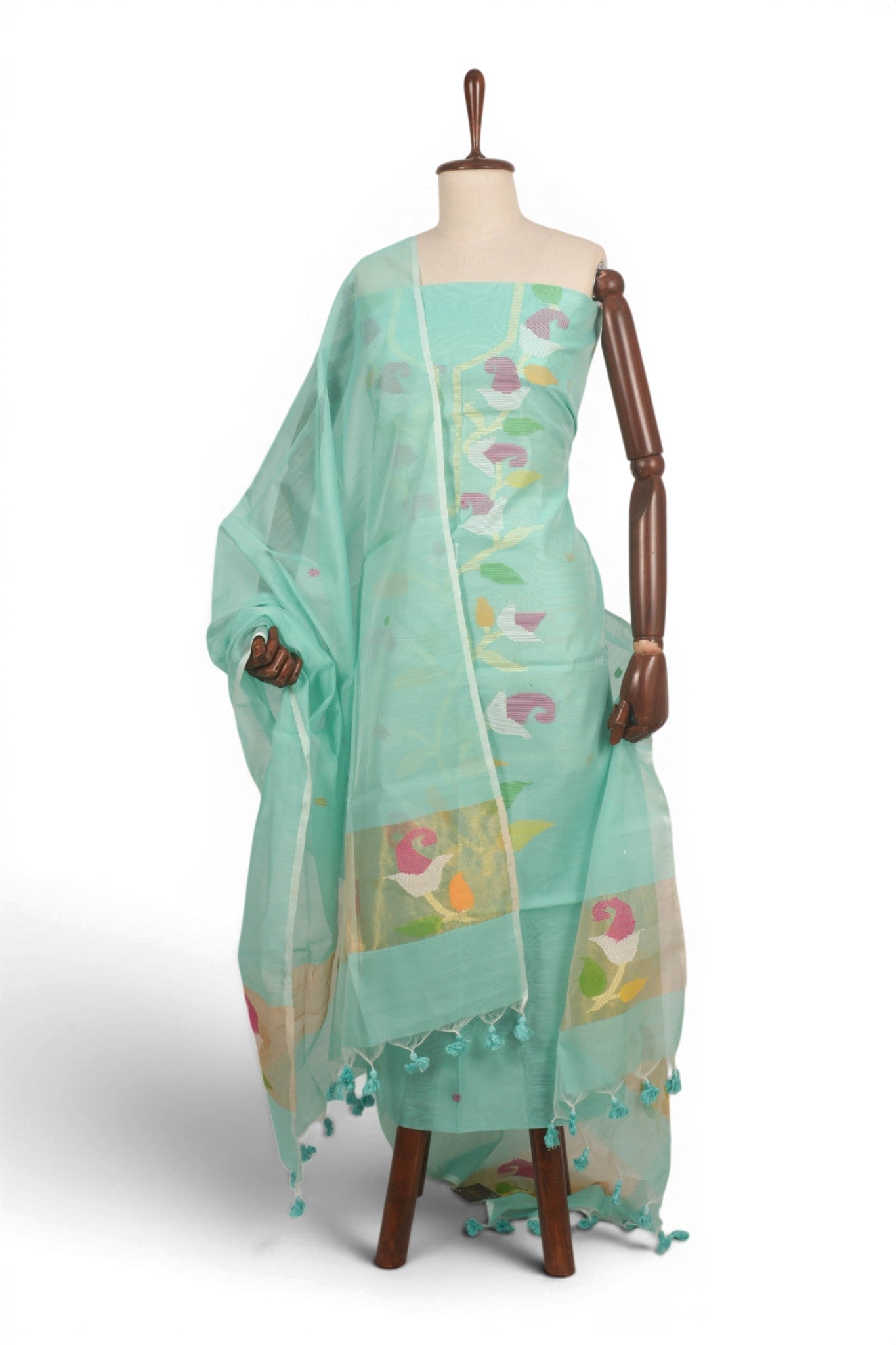 Phulia Cotton Jamdani Sky Blue Salwar Suit Set W/O Bottom