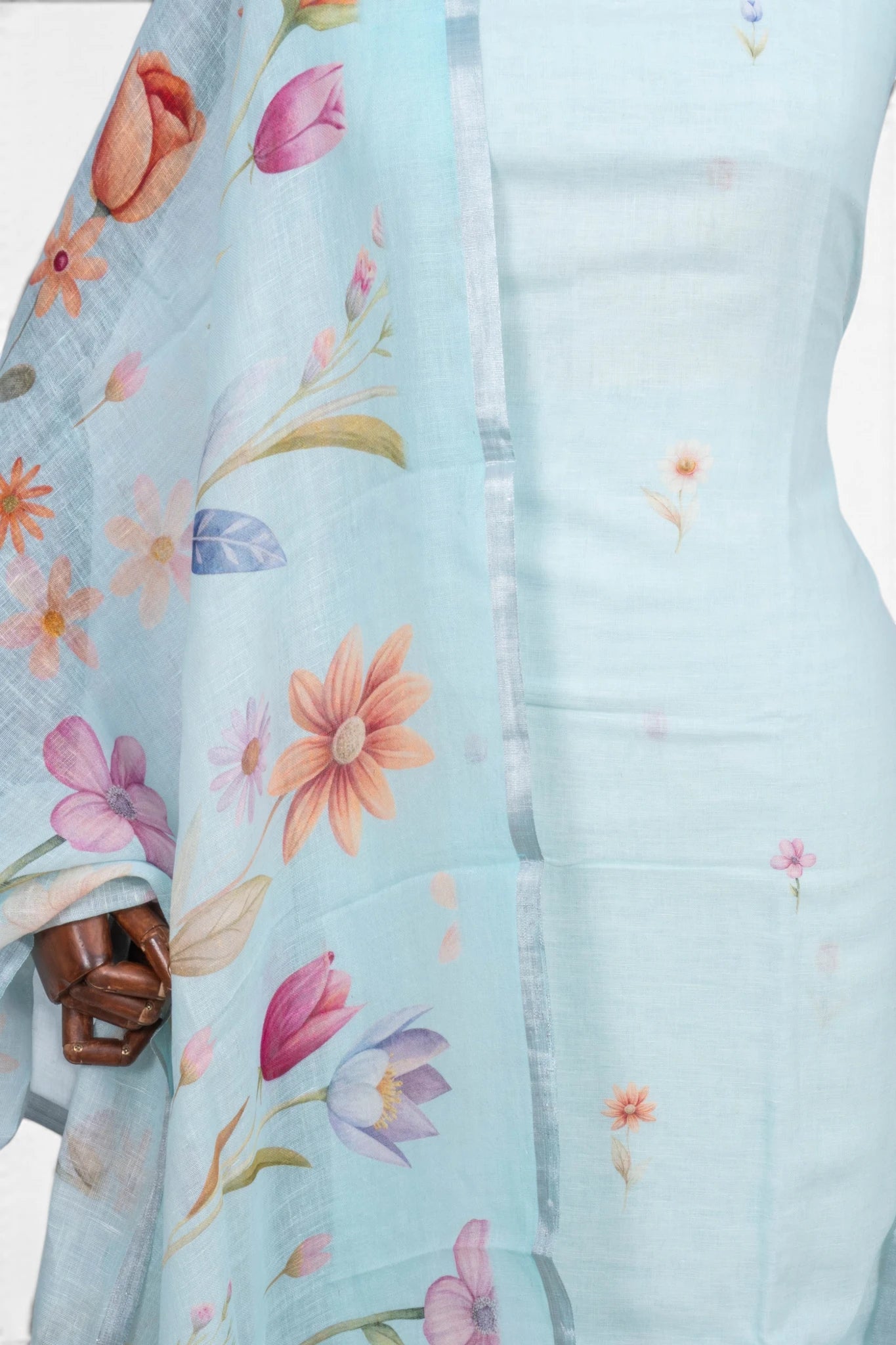 Linen Printed Sea Blue Salwar Suit Set