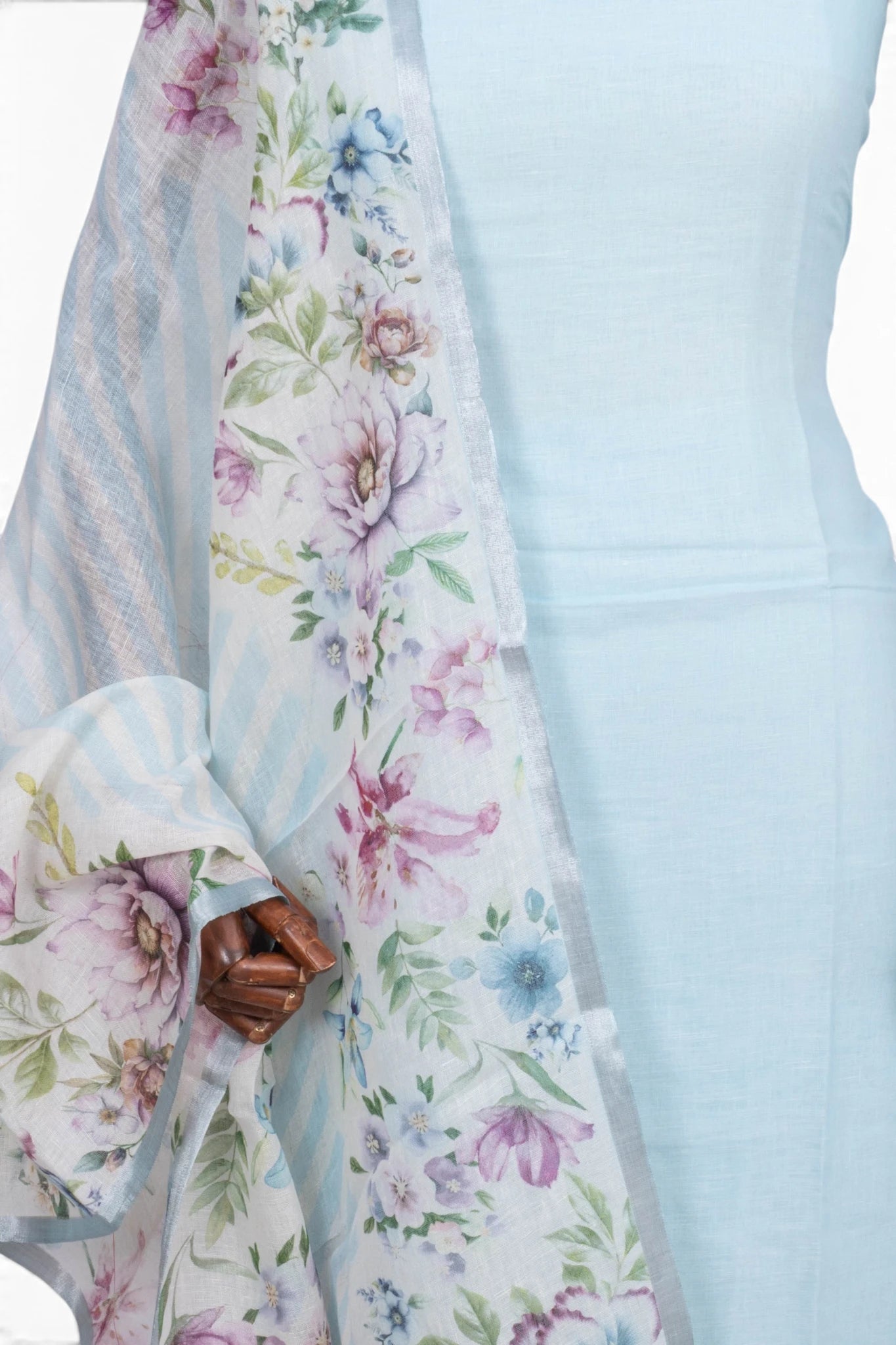 Linen Printed Sky Blue Salwar Suit Set