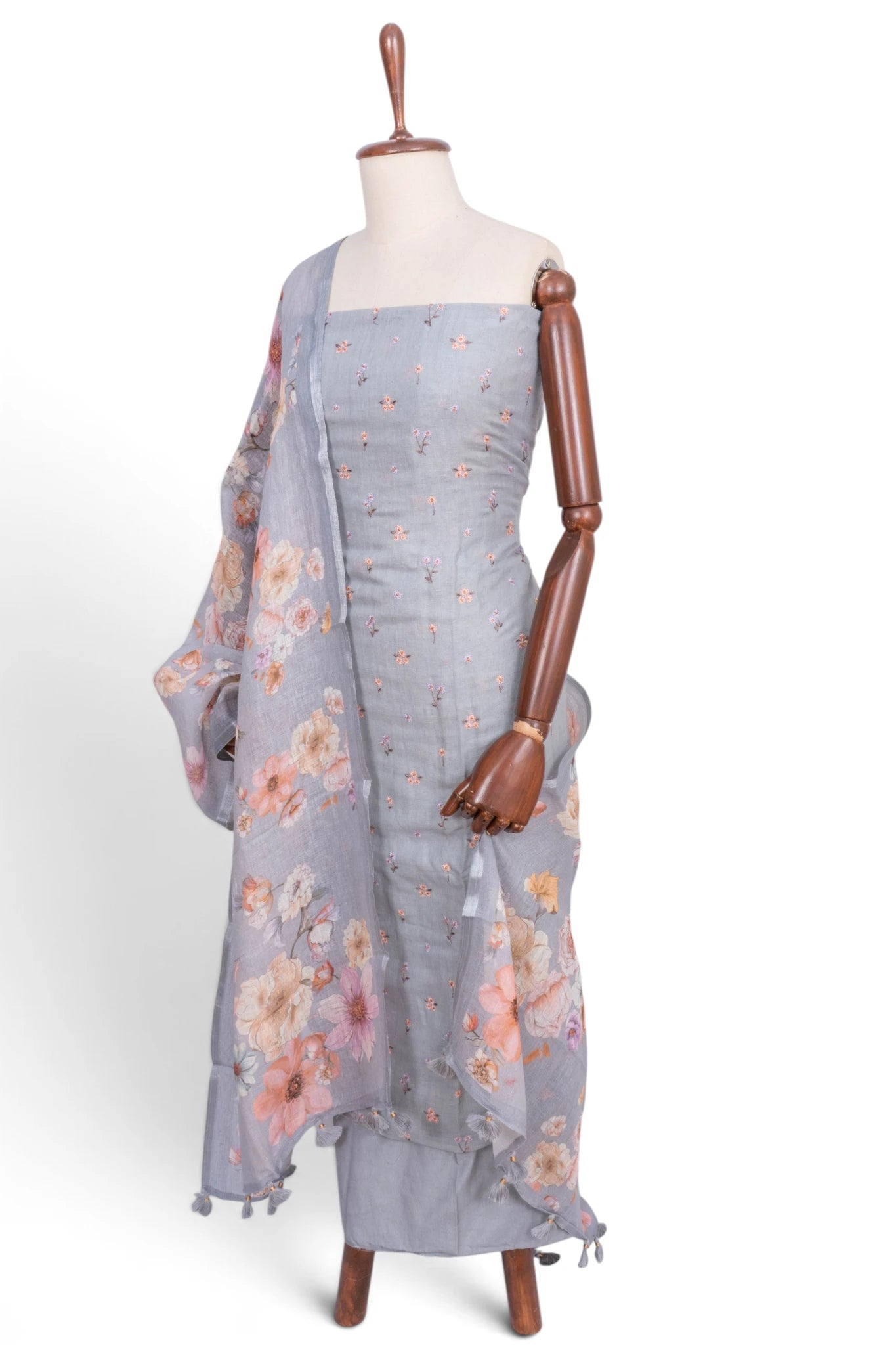 Linen Embroidery Butta Grey Salwar Suit Set