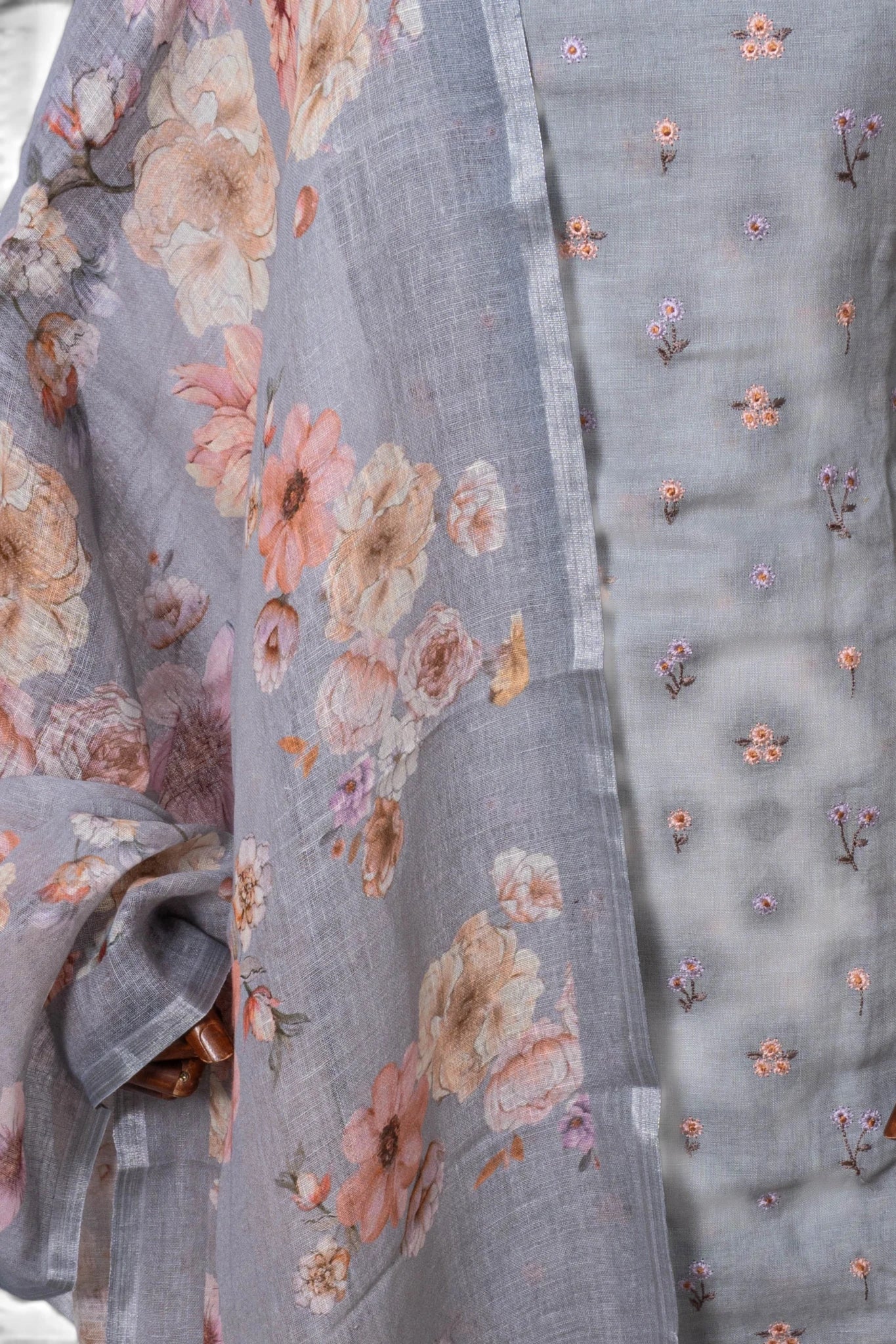 Linen Embroidery Butta Grey Salwar Suit Set