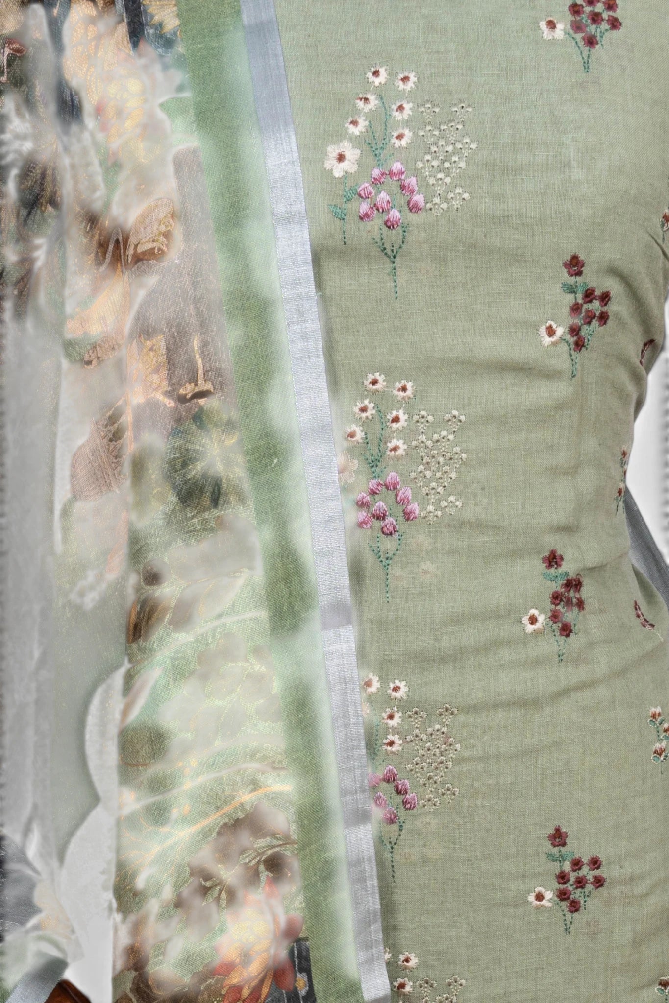 Linen Embroidery Butta Green Salwar Suit Set