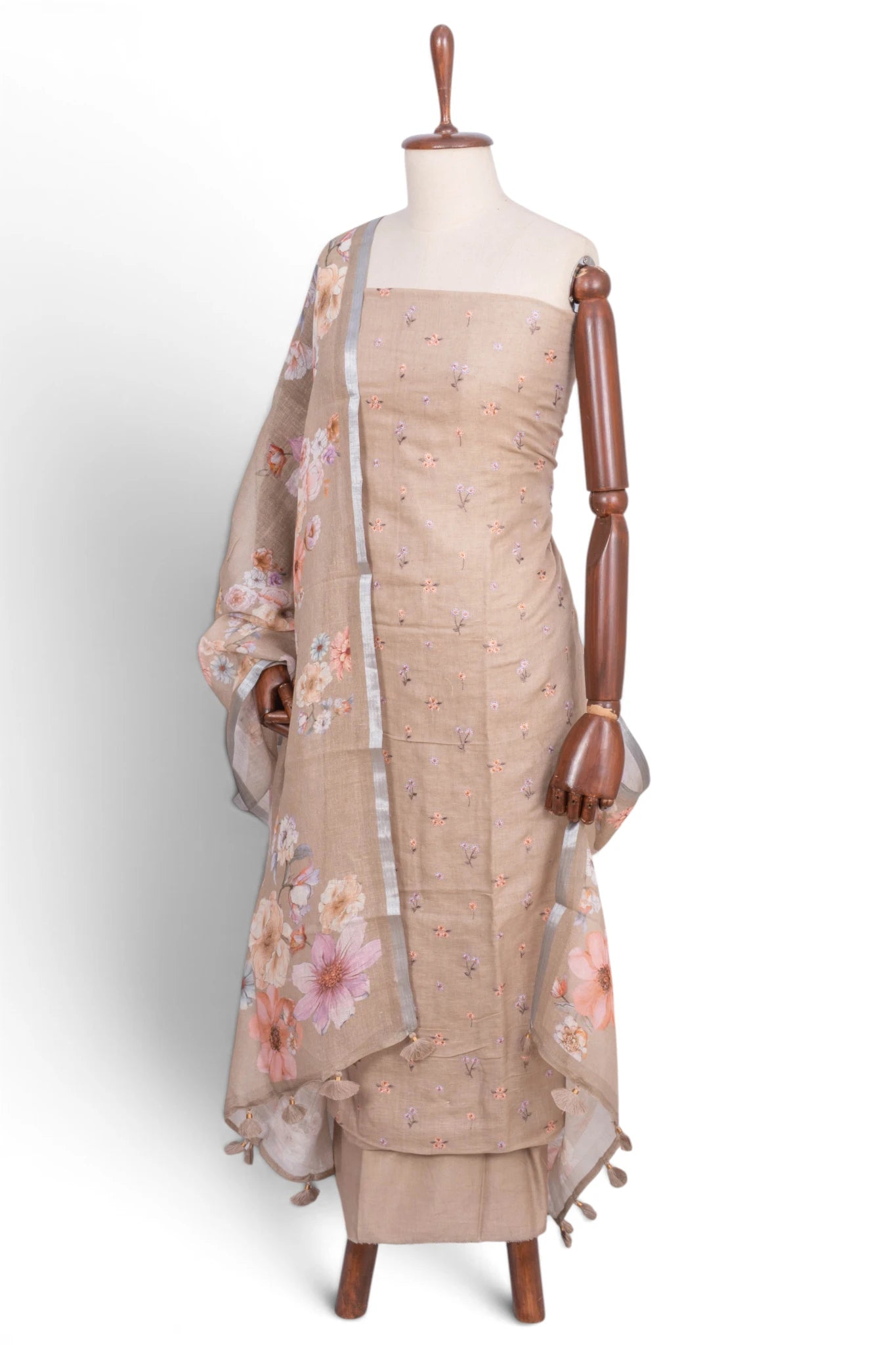 Linen Embroidery Butta Beige Salwar Suit Set