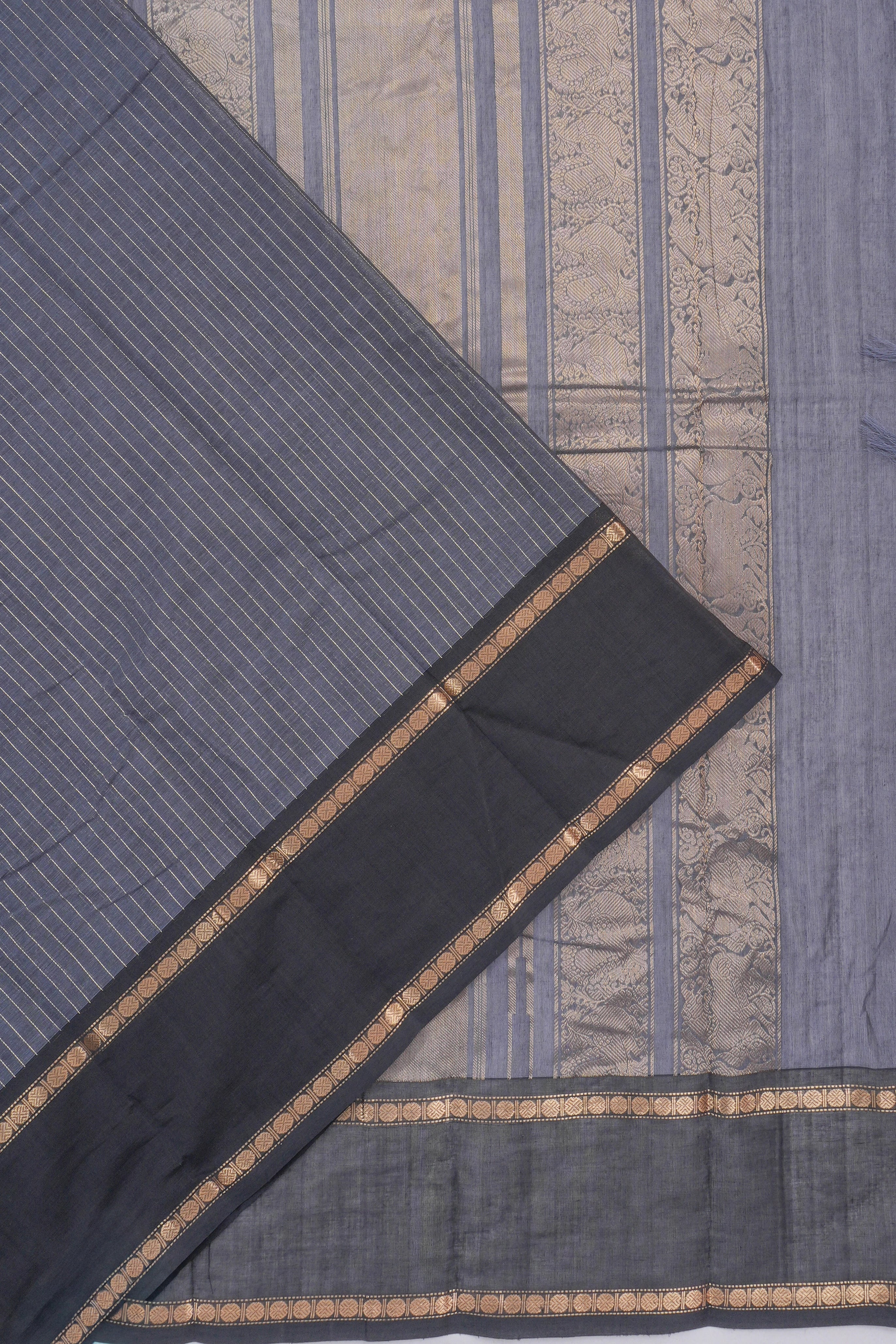 Chettinad Cotton Lines Dark Grey Saree
