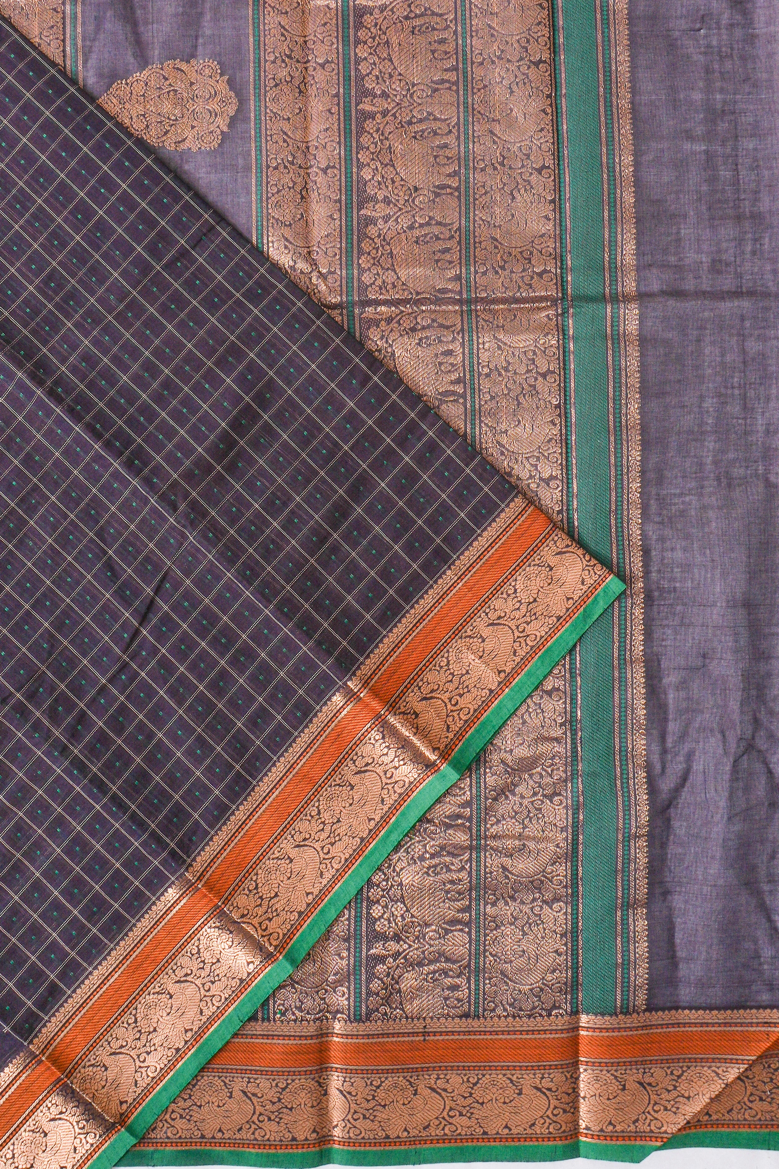 Chettinad Cotton Checks And Butta Navy Blue Saree