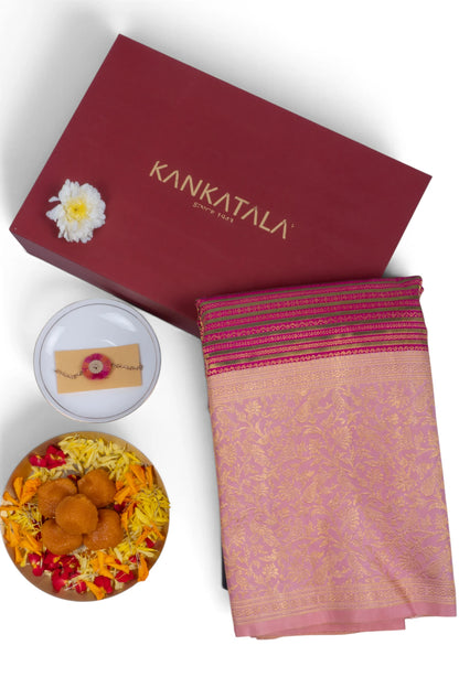 Kanchipuram Silk Brocade Pink Saree With Gift Box And Rakhi