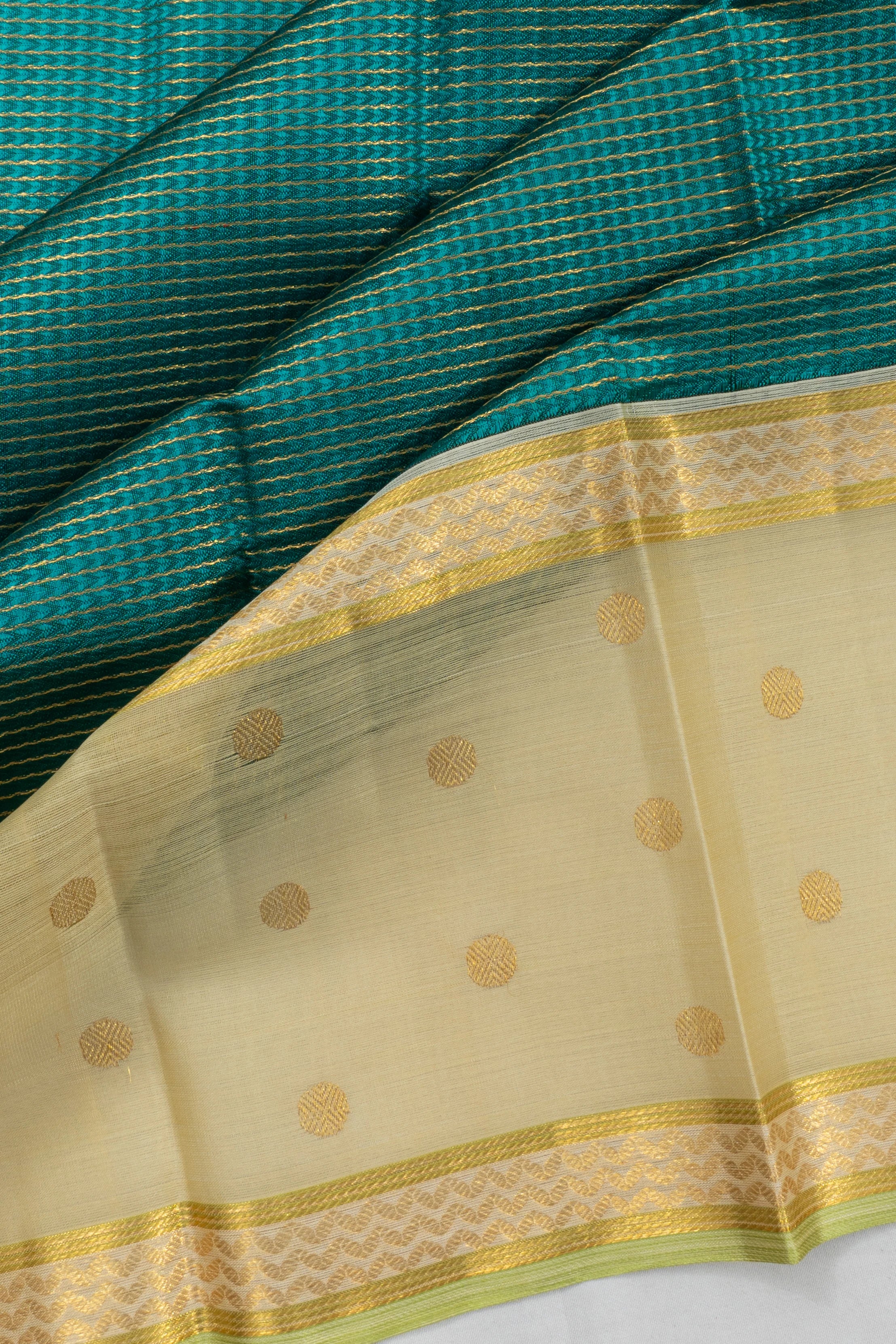 Kanchipuram Silk Lines Teal Green Saree With Kora Organza Border
