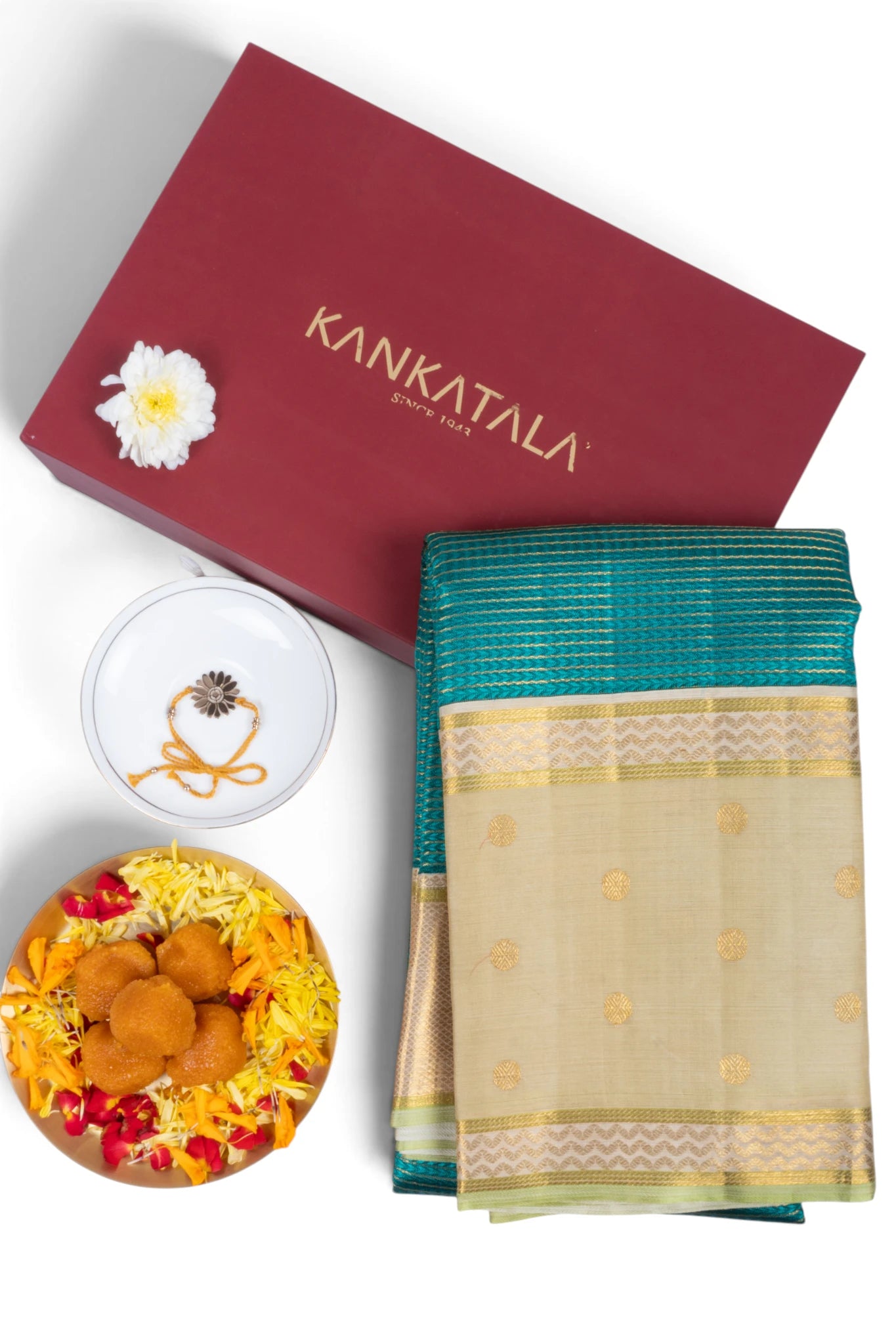 Kanchipuram Silk Lines Teal Green Saree With Kora Organza Border With Gift Box And Rakhi