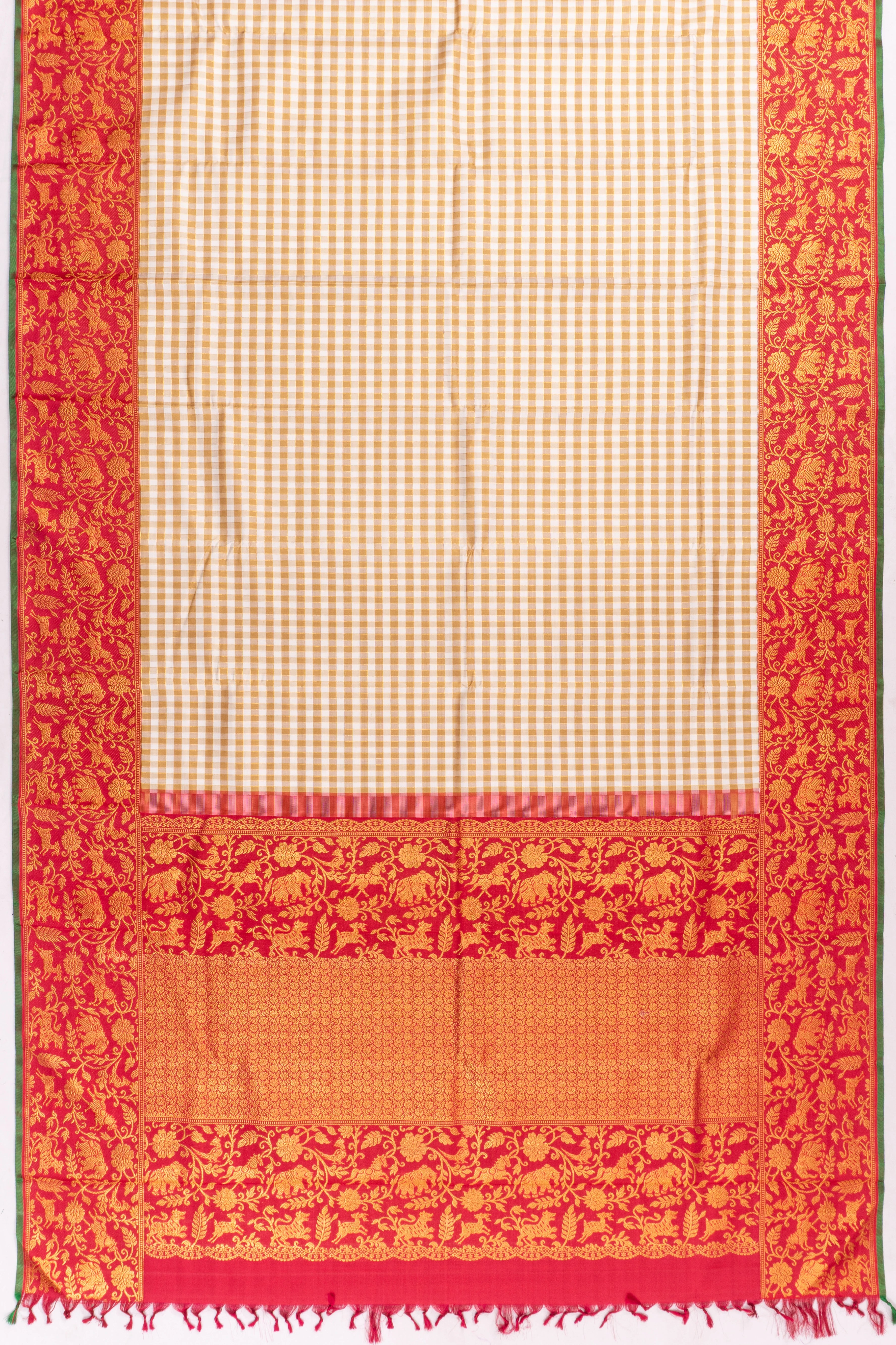 Classic Kanchipuram Silk Checks White And Brown Saree With Gift Box And Rakhi