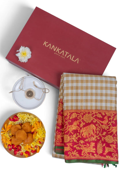 Classic Kanchipuram Silk Checks White And Brown Saree With Gift Box And Rakhi