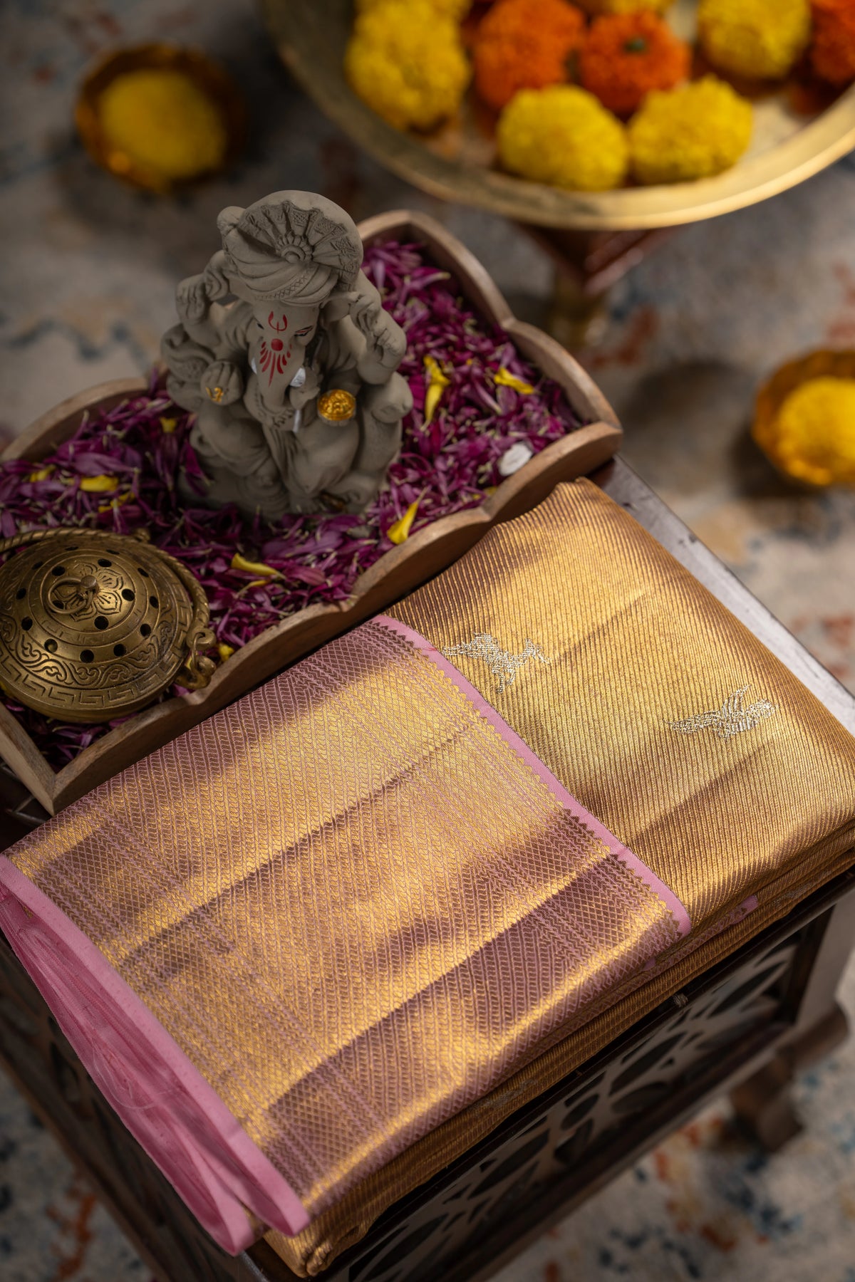 Kanchipuram Silk Tissue Butta Gold Saree