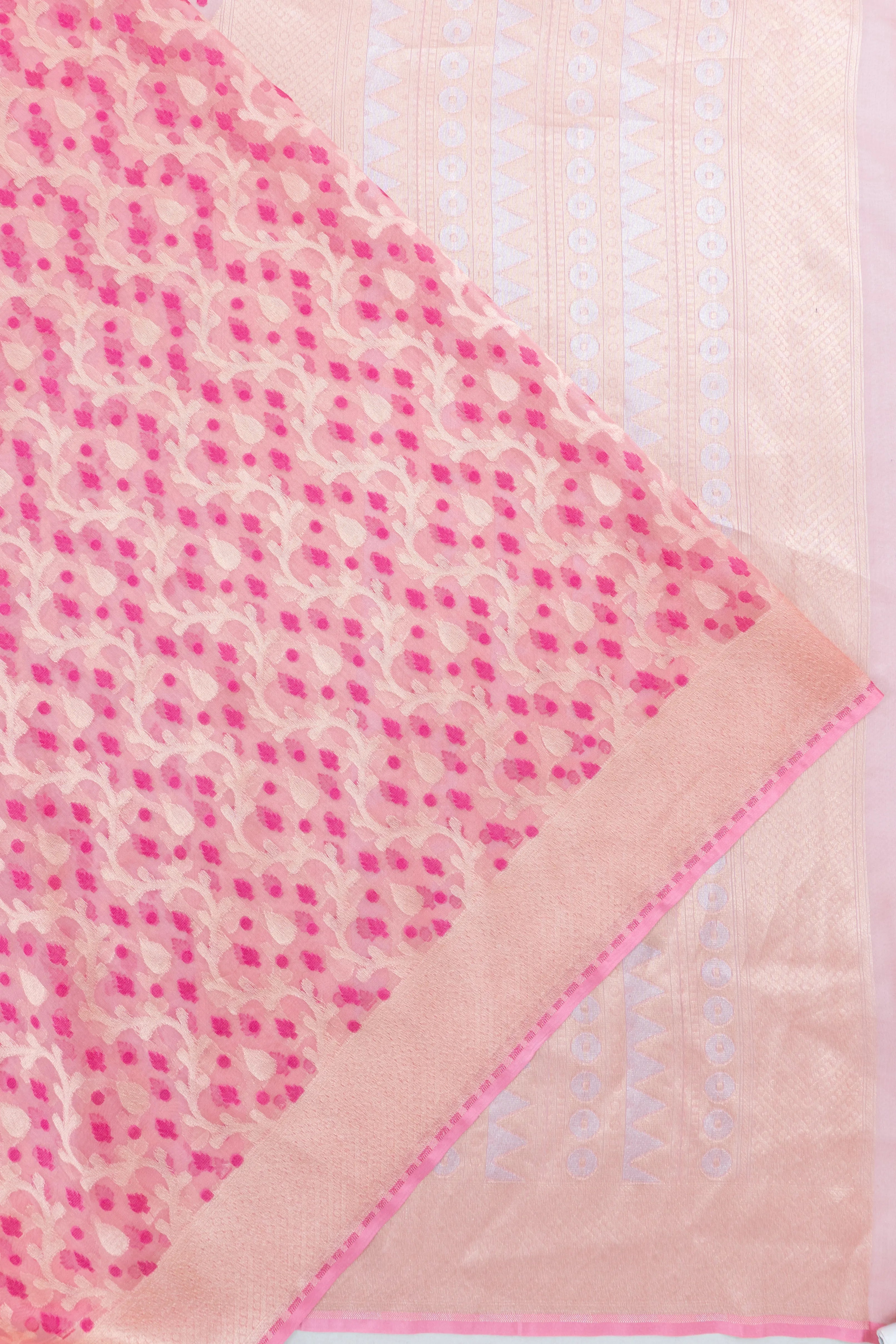 Banarasi Kora Organza Brocade Pink Saree