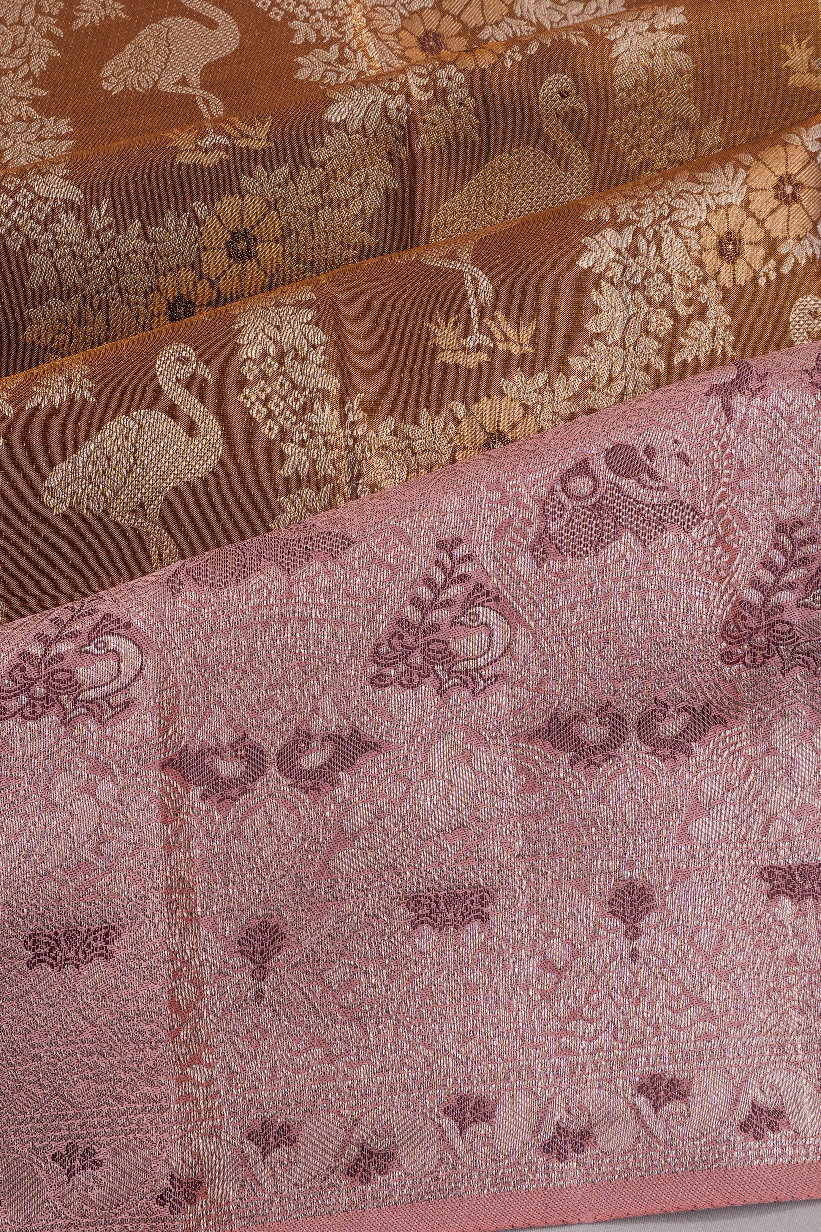 Taranga Kanchi Silk Tissue Jaal And Butta Brown Saree