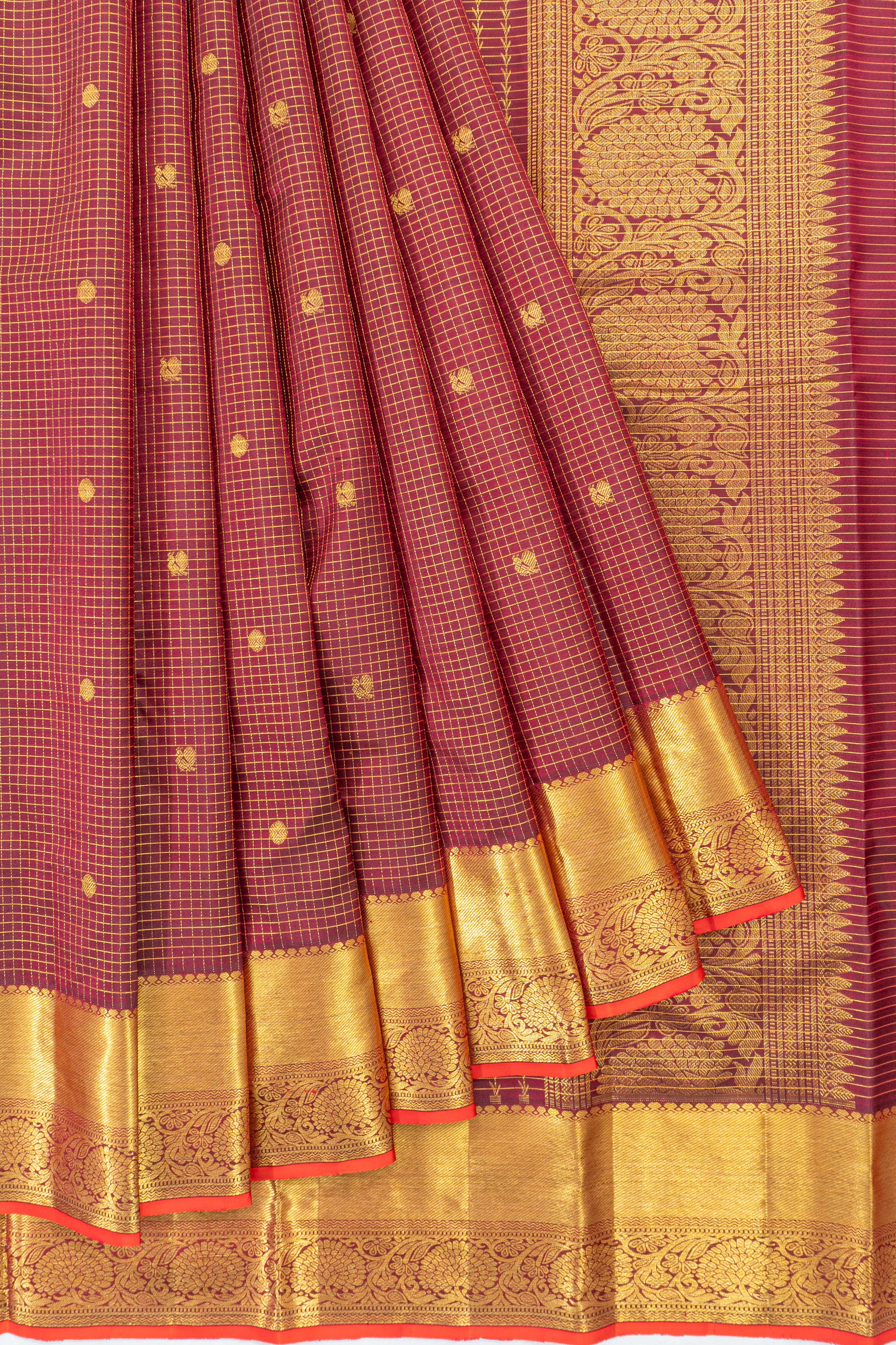 Classic Kanchipuram Silk Checks And Butta Maroon Saree