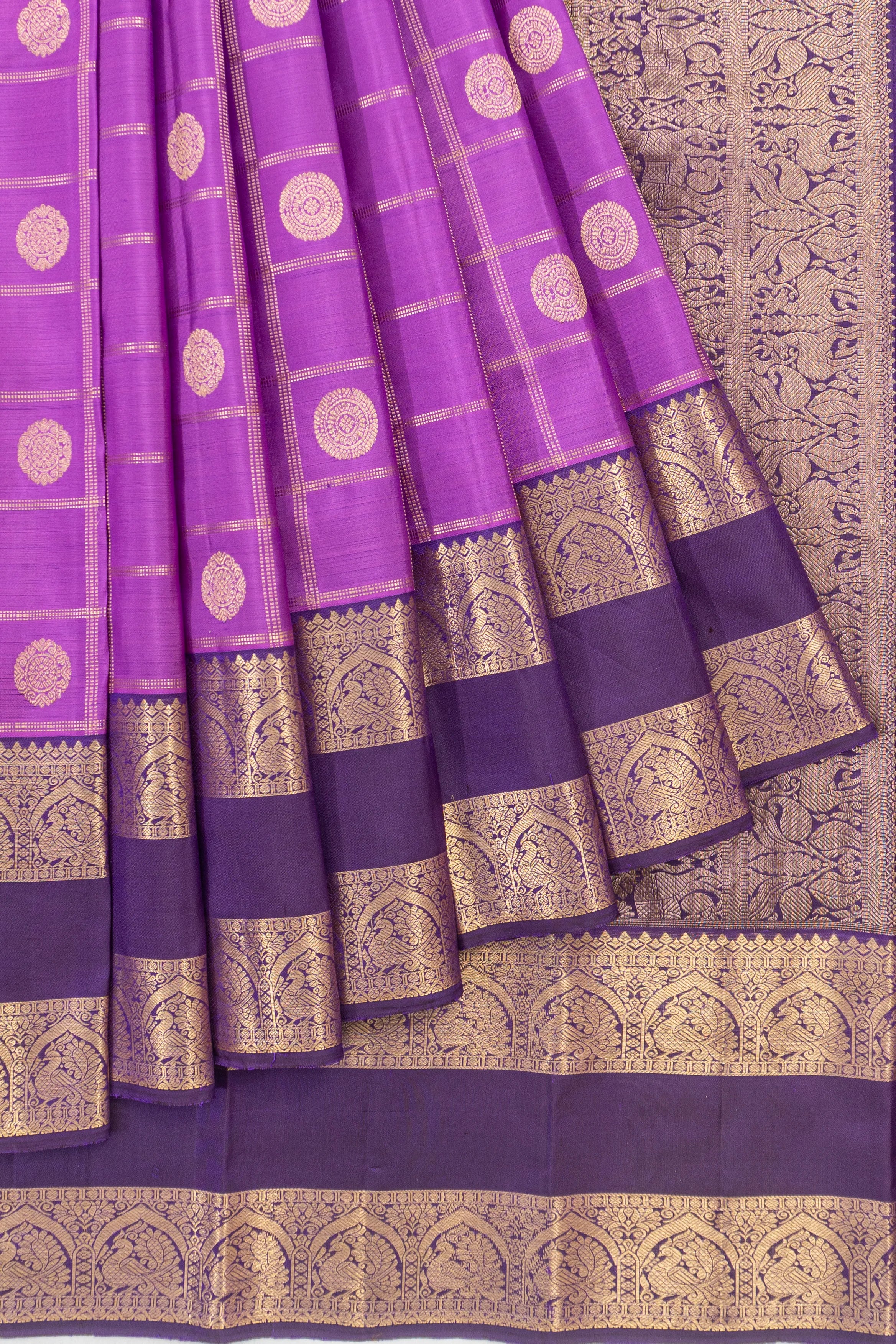 Kanchipuram Silk Checks And Butta Lavender Saree