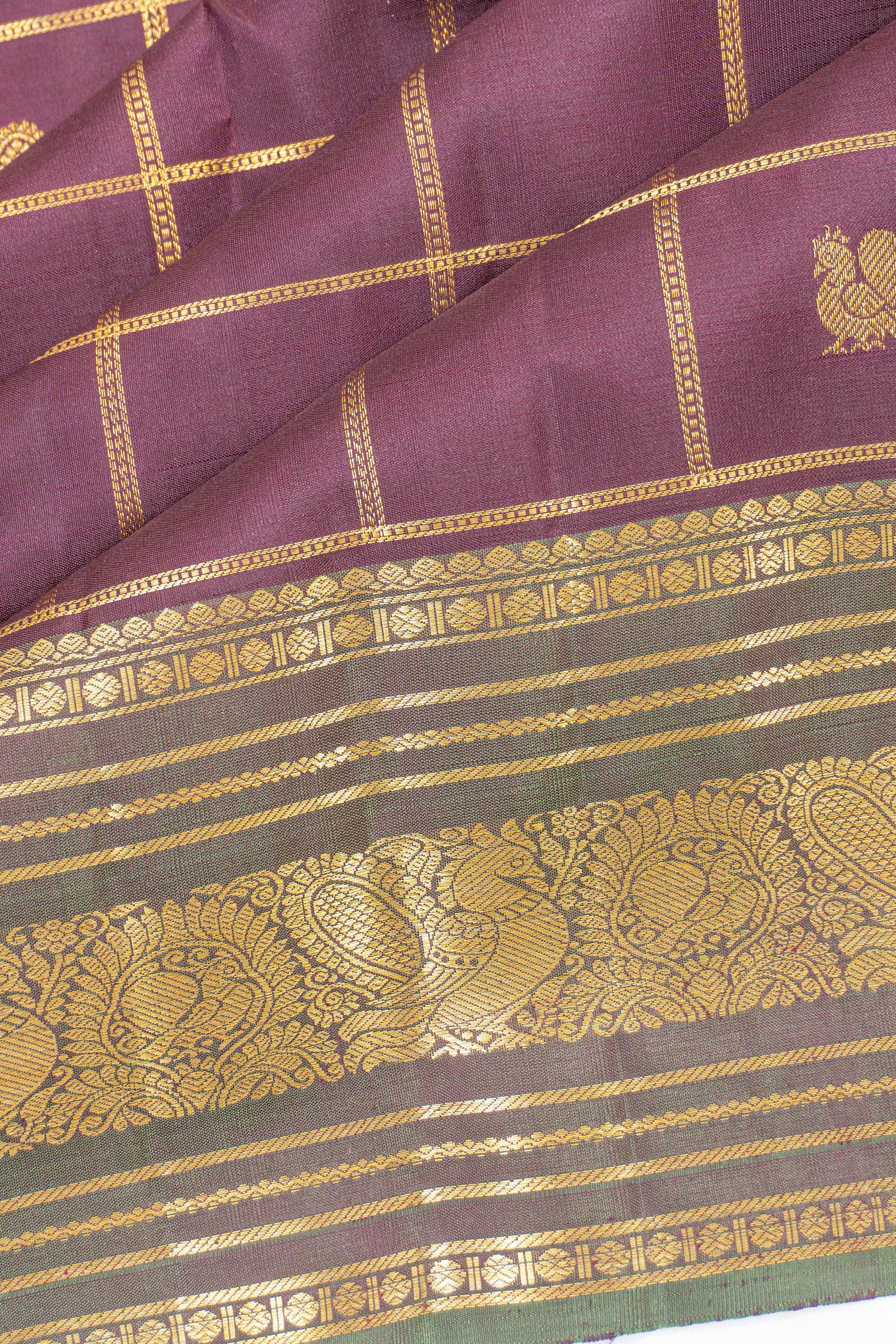 Kanchipuram Silk Checks And Butta Brown Saree
