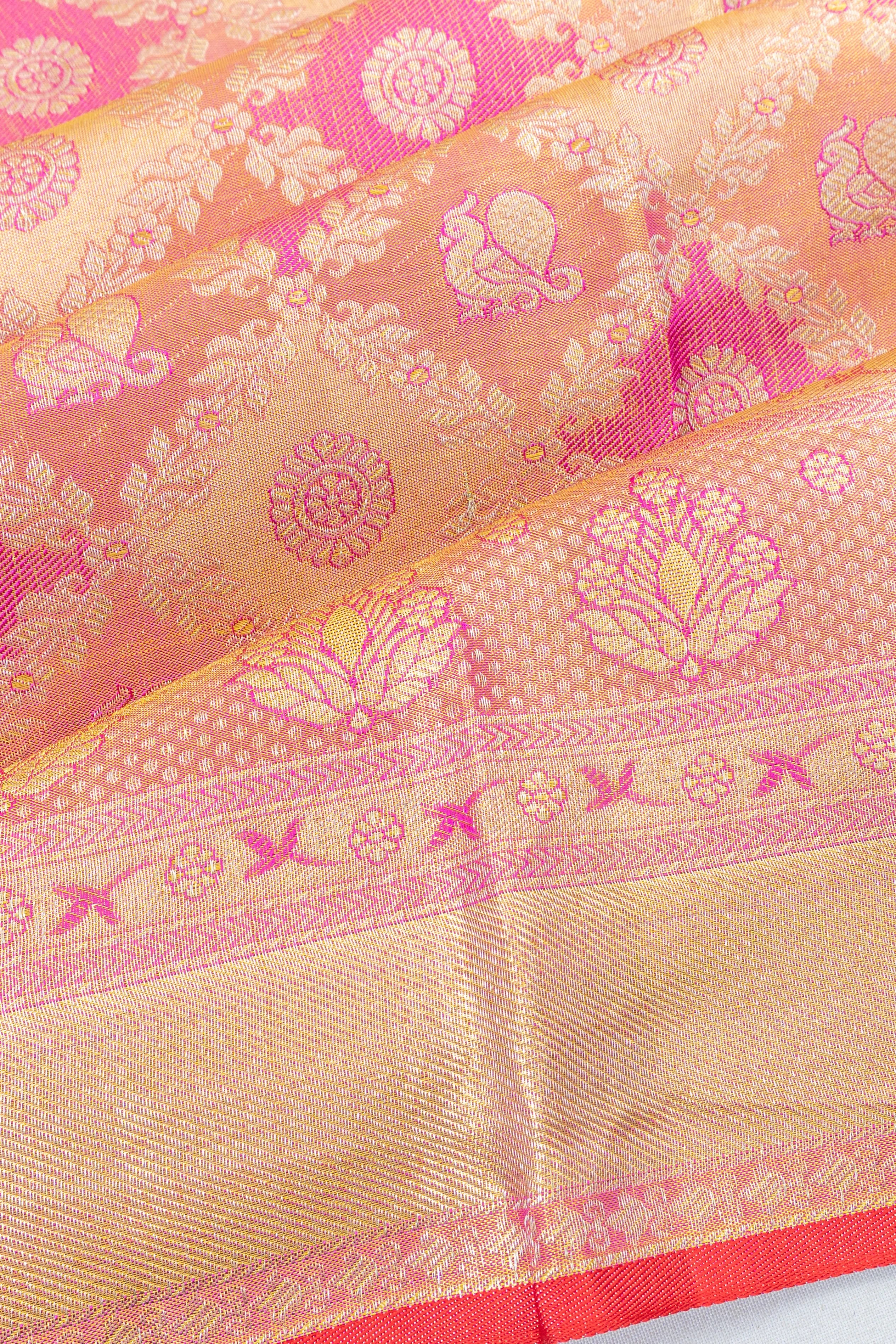 Taranga Kanchi Silk Tissue Brocade Orange And Pink Saree