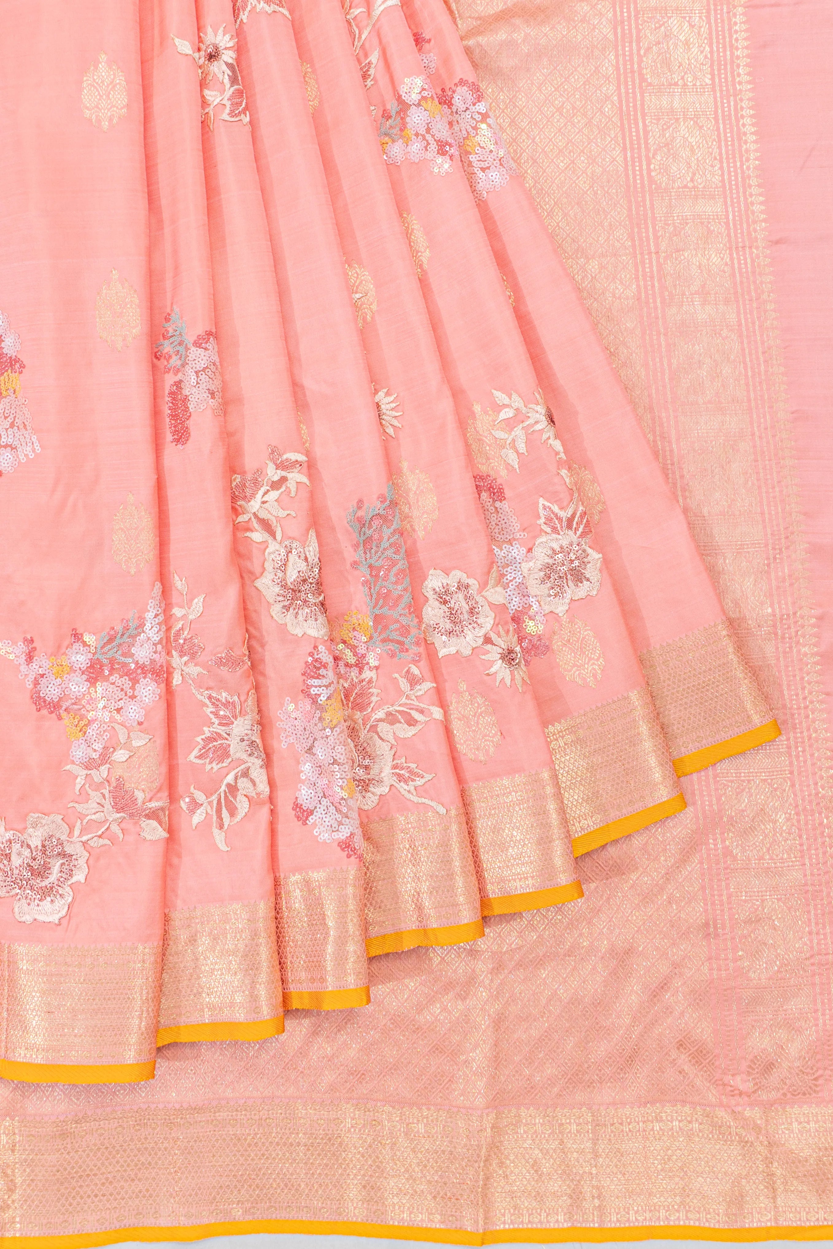 Kanchipuram Silk Butta Pink Saree With Sequin And Applique Work