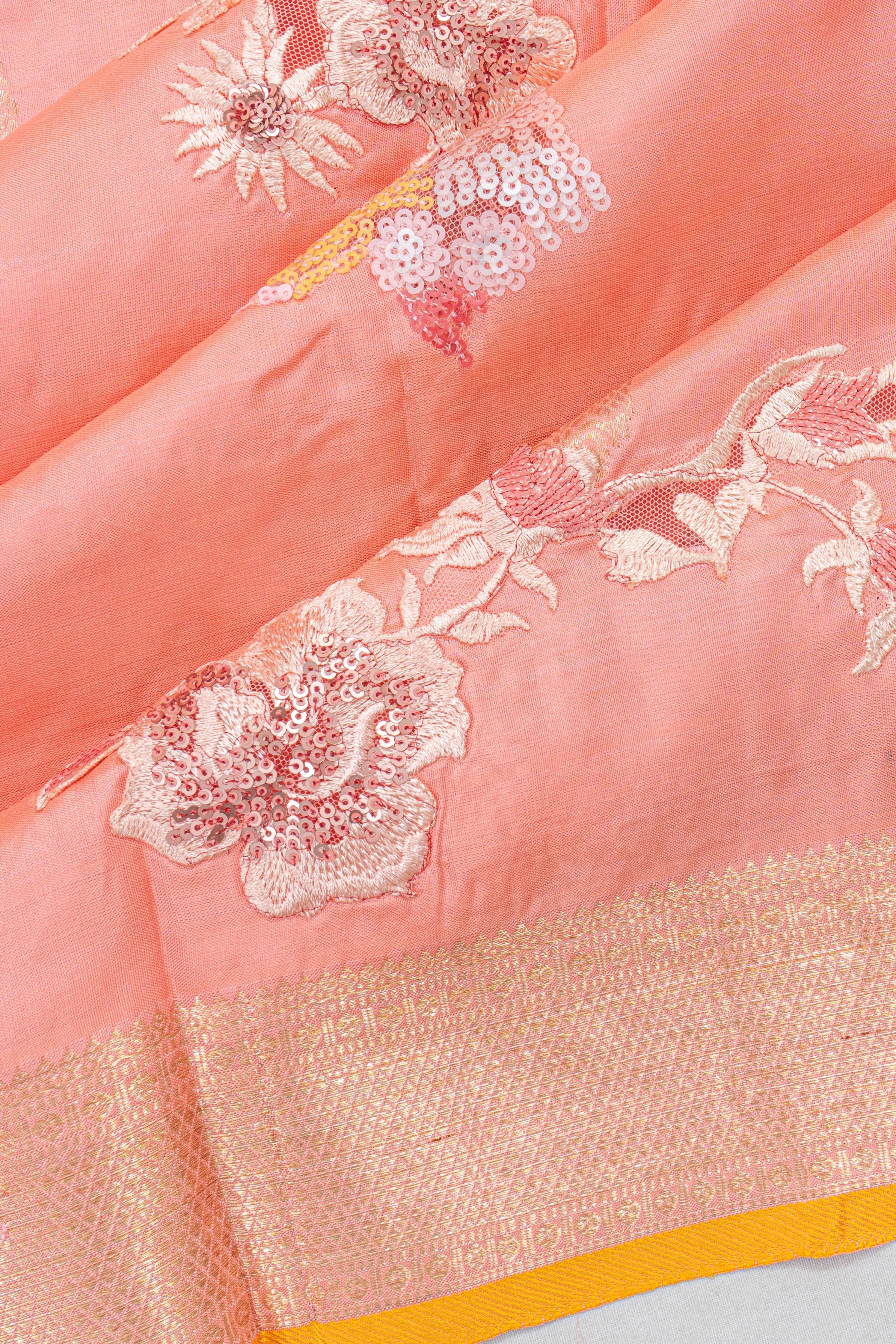 Kanchipuram Silk Butta Pink Saree With Sequin And Applique Work