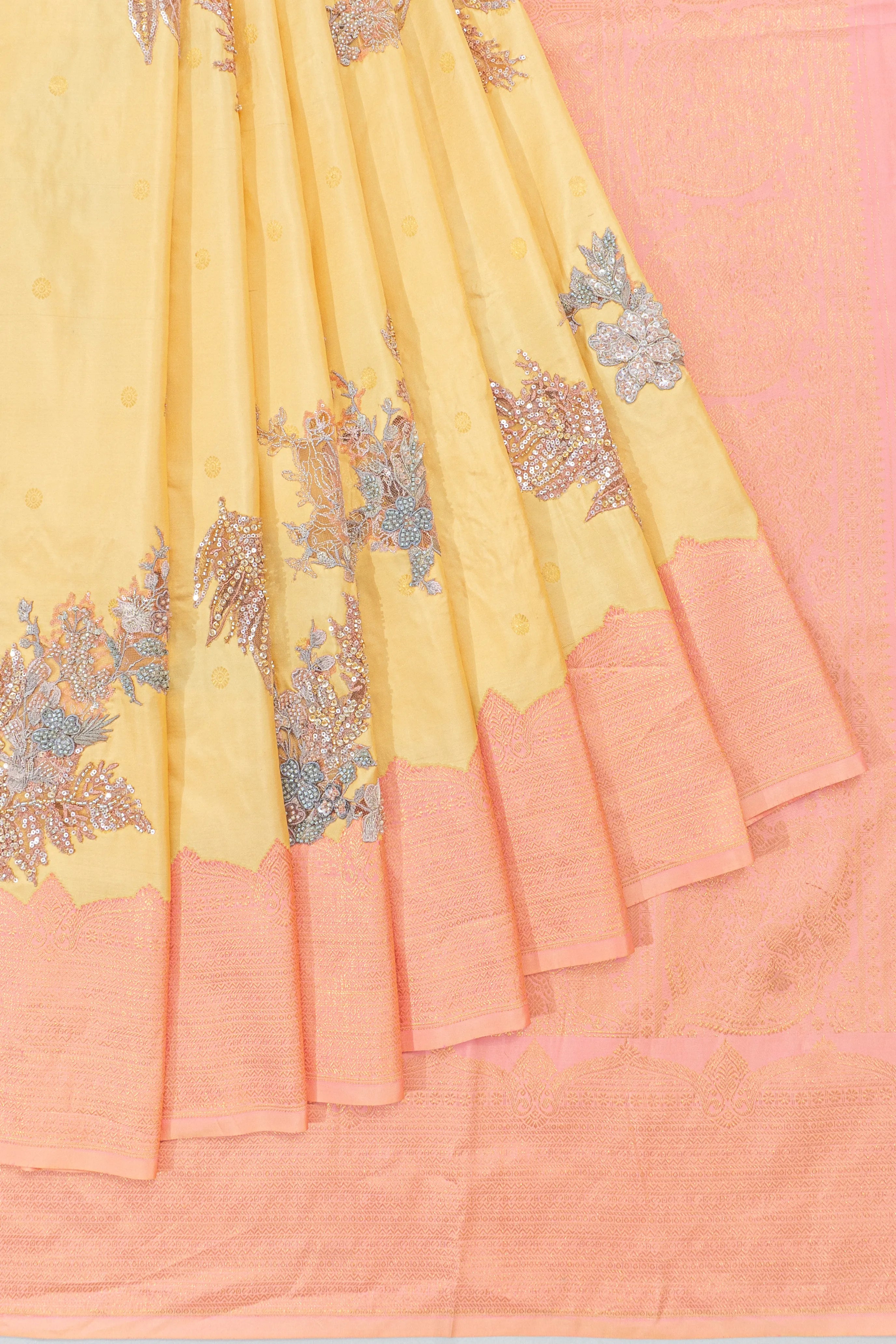 Kanchipuram Silk Butta Yellow Saree With Sequin And Applique Work