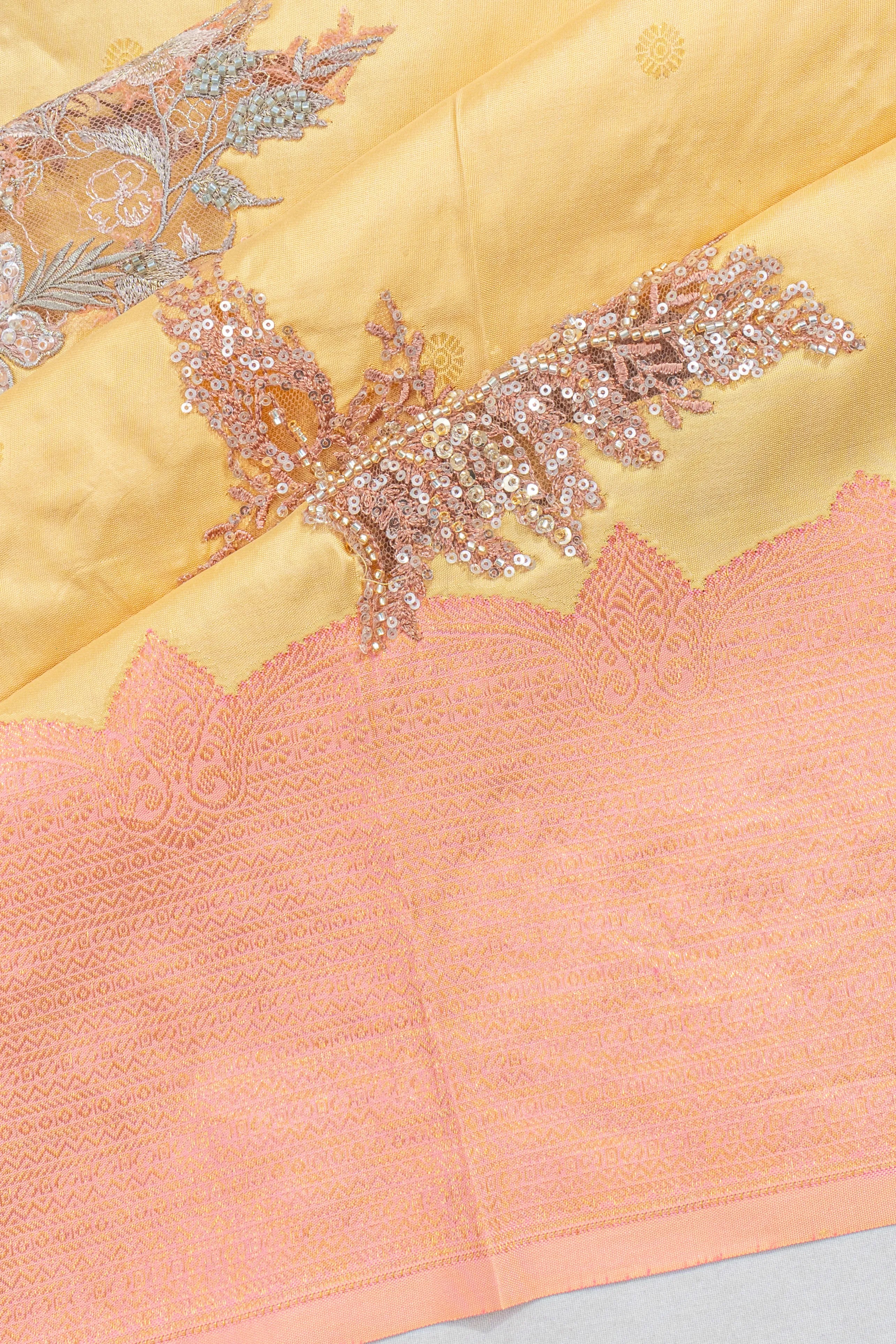Kanchipuram Silk Butta Yellow Saree With Sequin And Applique Work