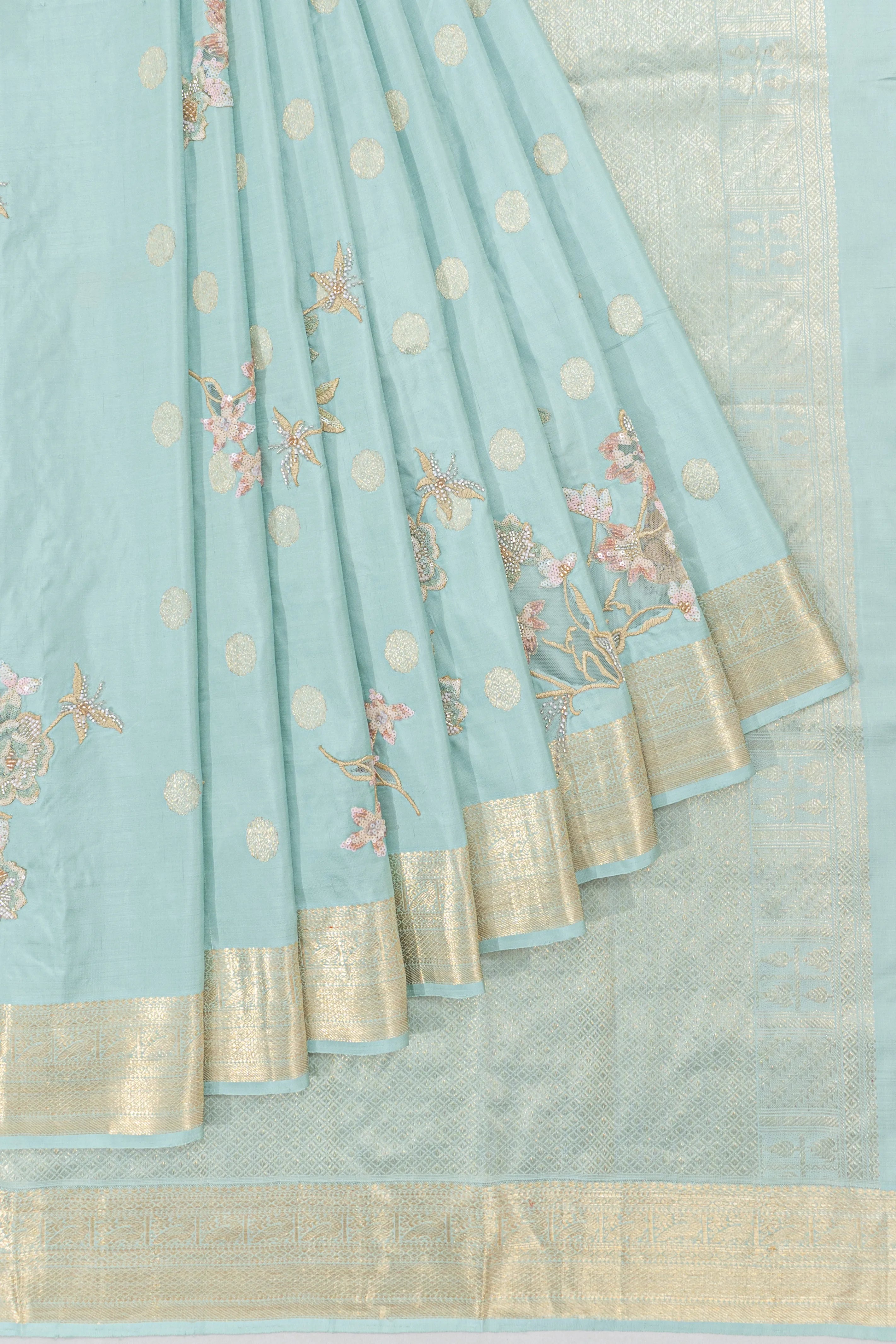 Kanchipuram Silk Butta Pastel Blue Saree With Sequin And Applique Work