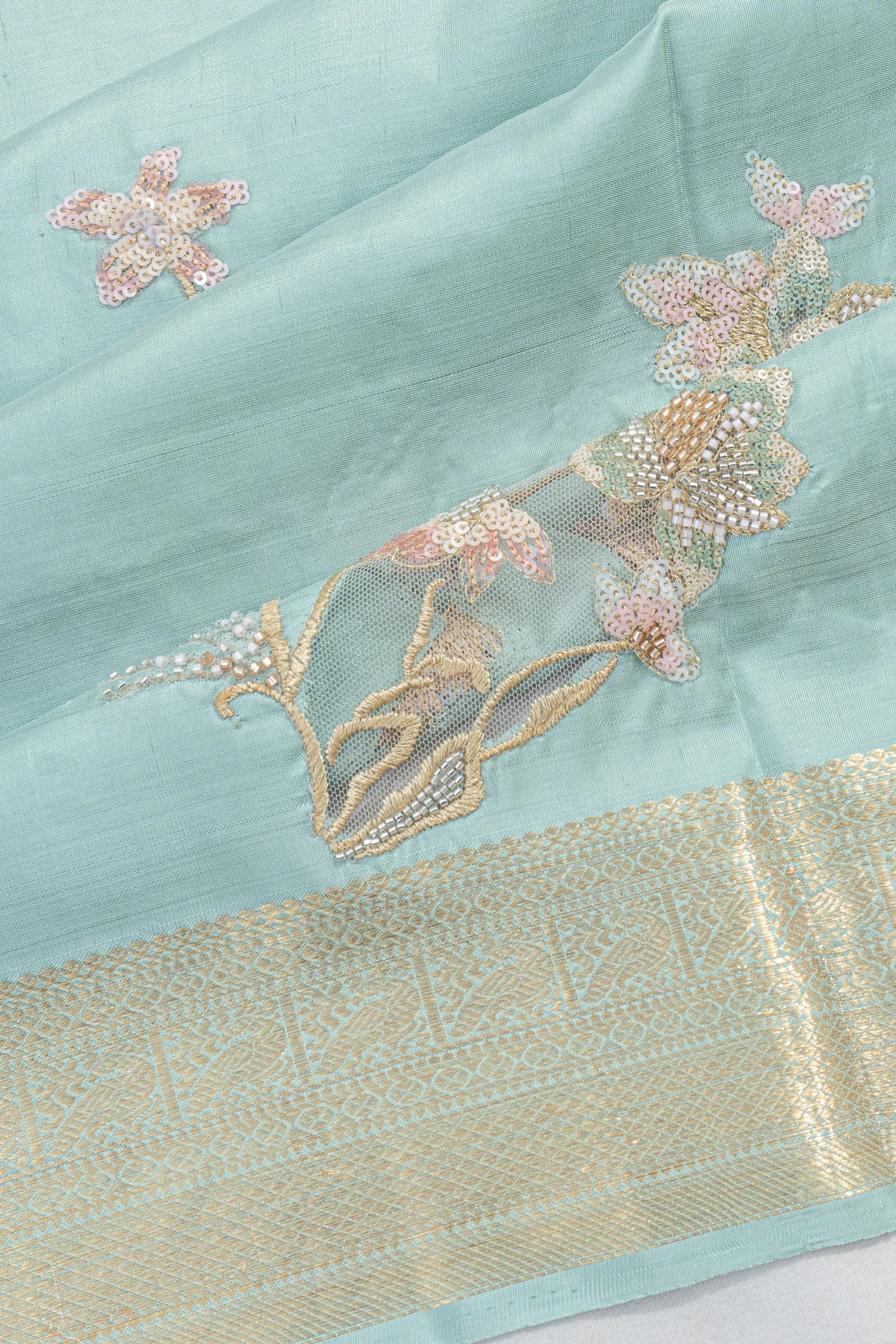 Kanchipuram Silk Butta Pastel Blue Saree With Sequin And Applique Work