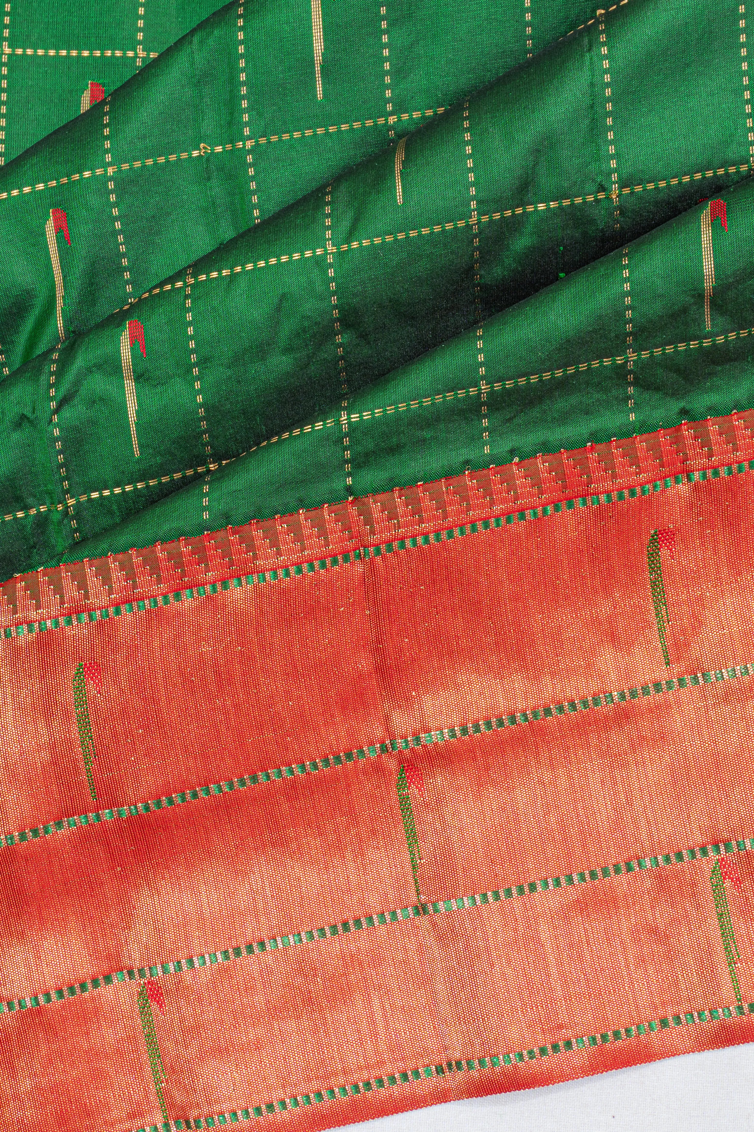 Muniya Silk Checks And Butta Bottle Green Saree