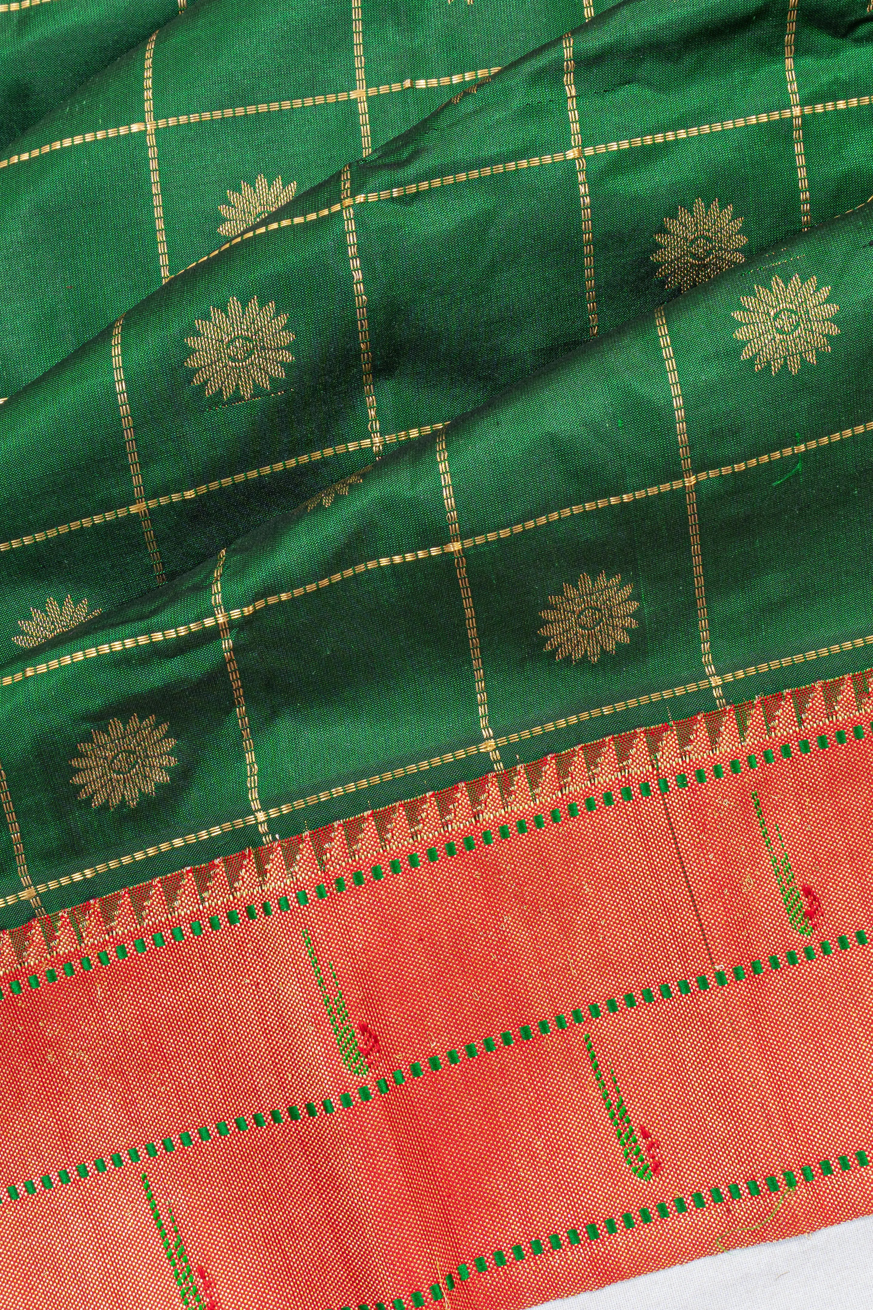 Muniya Silk Checks And Butta Bottle Green Saree