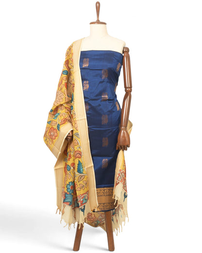 Uppada Silk Butta Dark Blue Salwar Suit Set W/O Bottom And Kalamkari Dupatta
