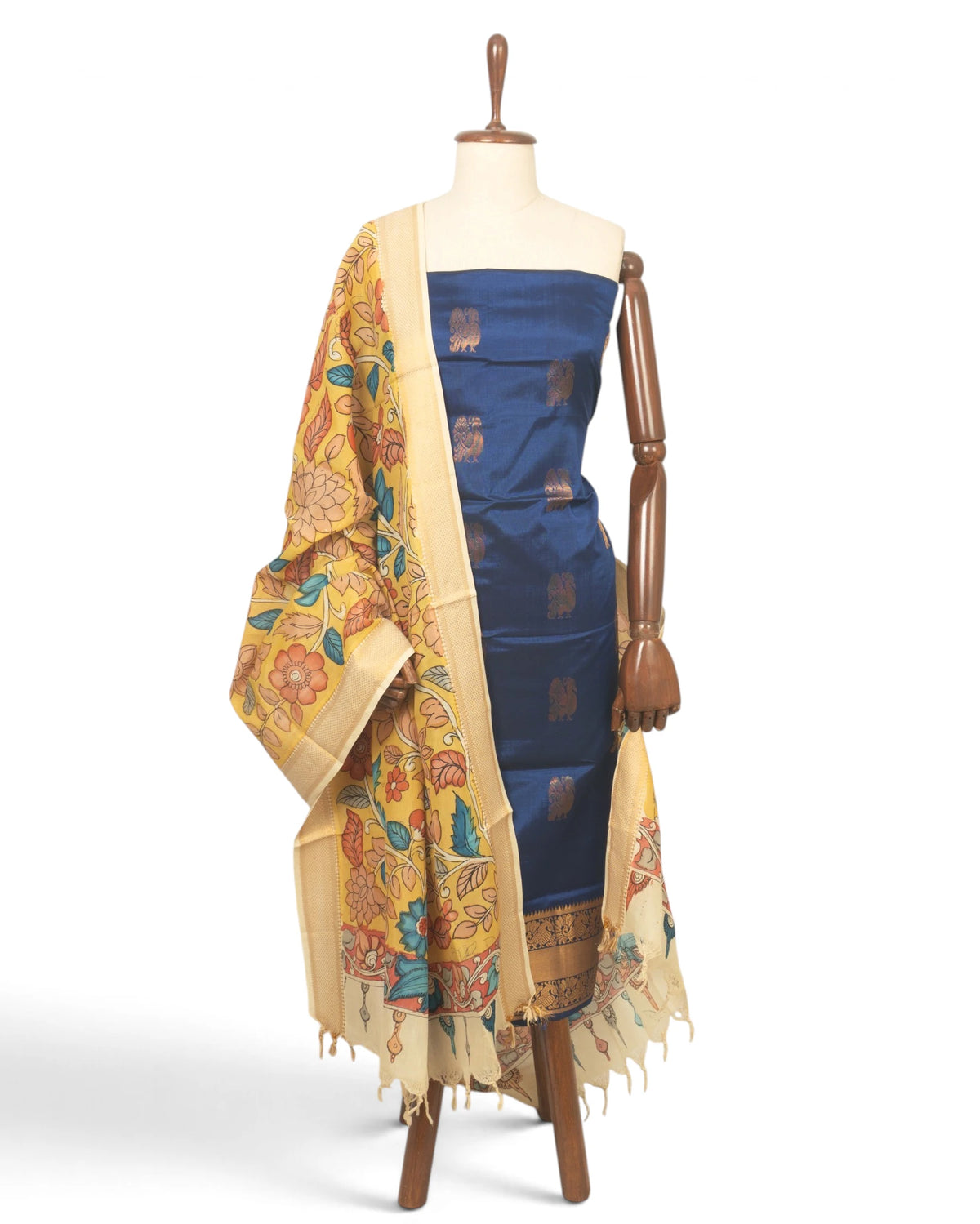 Uppada Silk Butta Dark Blue Salwar Suit Set W/O Bottom And Kalamkari Dupatta
