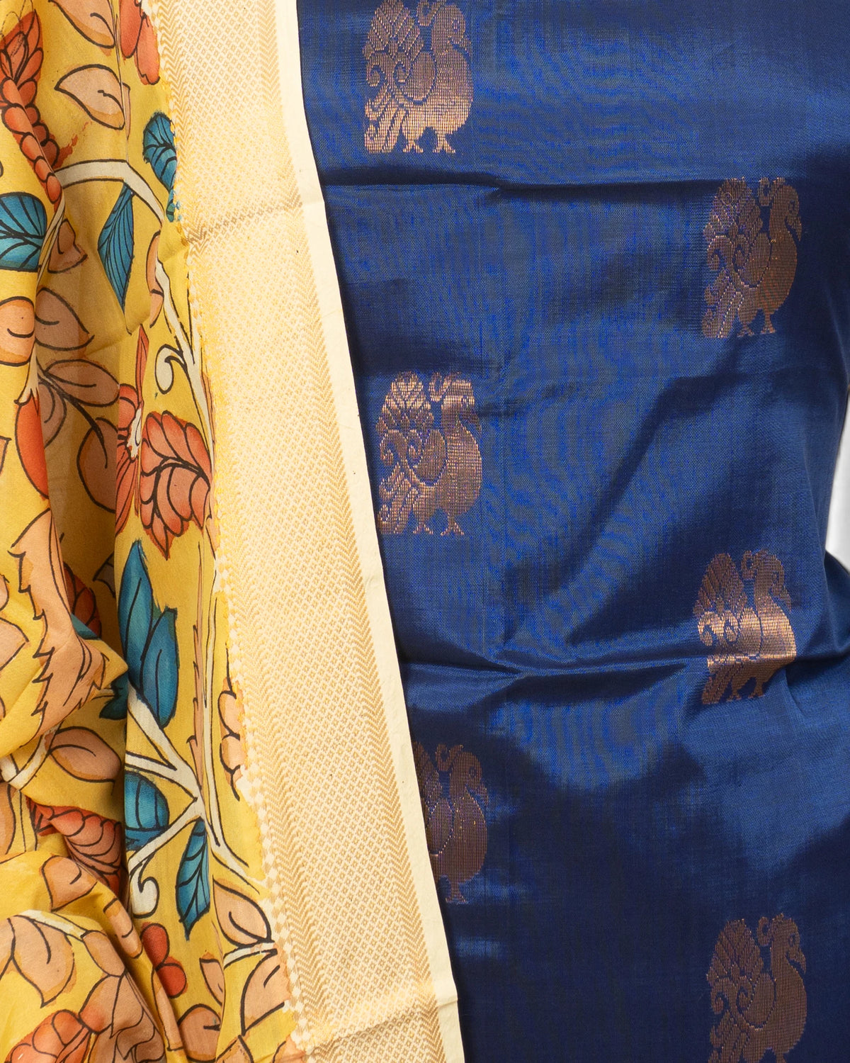Uppada Silk Butta Dark Blue Salwar Suit Set W/O Bottom And Kalamkari Dupatta