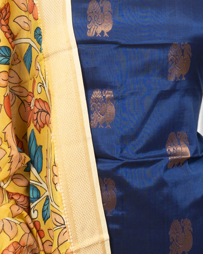 Uppada Silk Butta Dark Blue Salwar Suit Set W/O Bottom And Kalamkari Dupatta