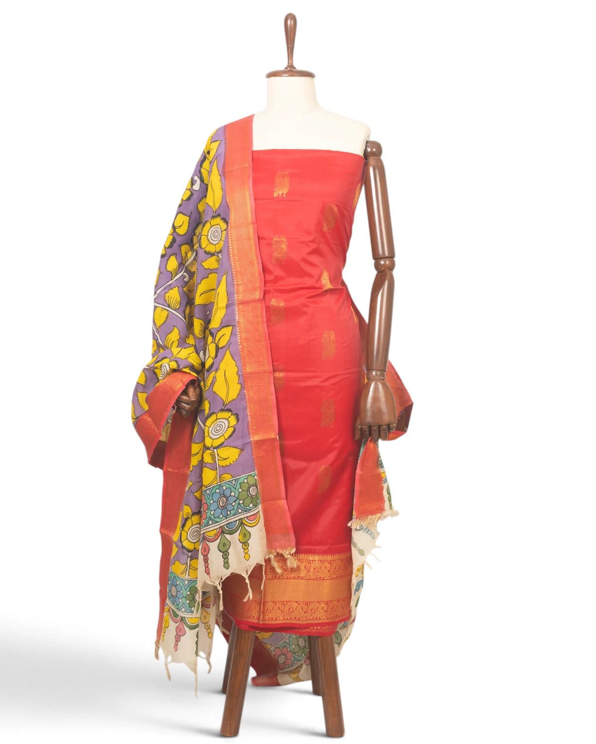 Uppada Silk Butta Red Salwar Suit Set W/O Bottom And Kalamkari Dupatta