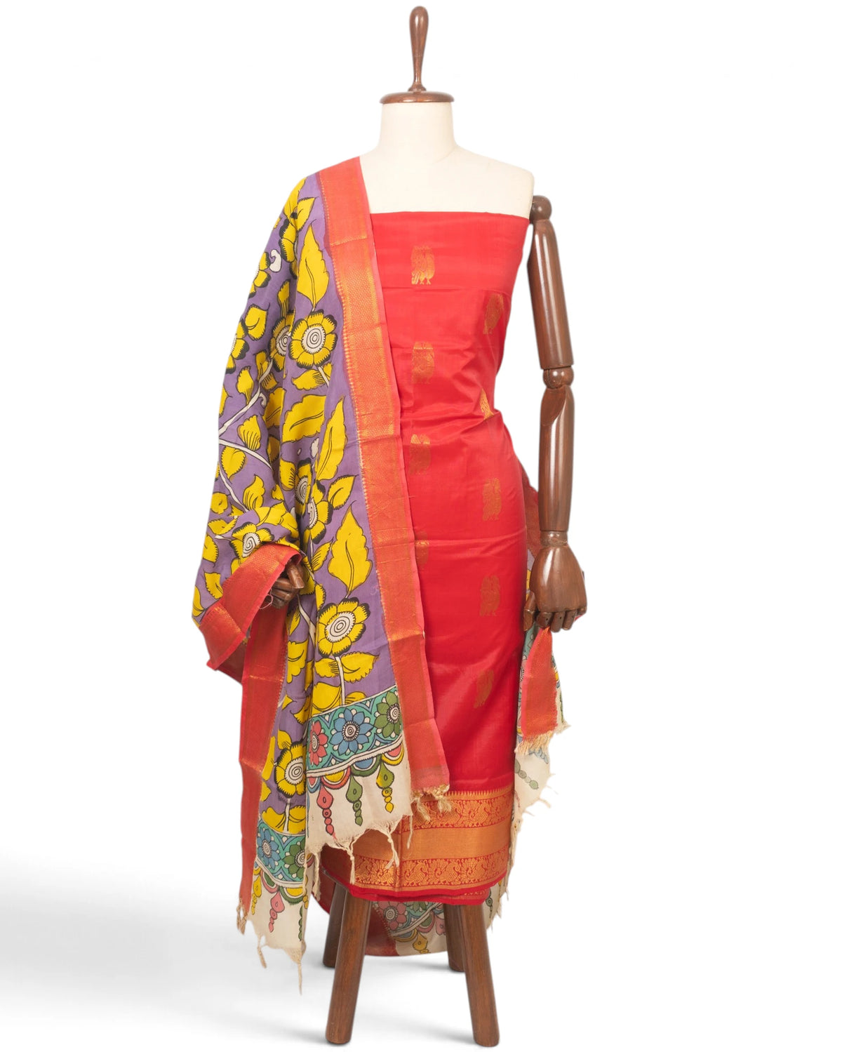 Uppada Silk Butta Red Salwar Suit Set W/O Bottom And Kalamkari Dupatta