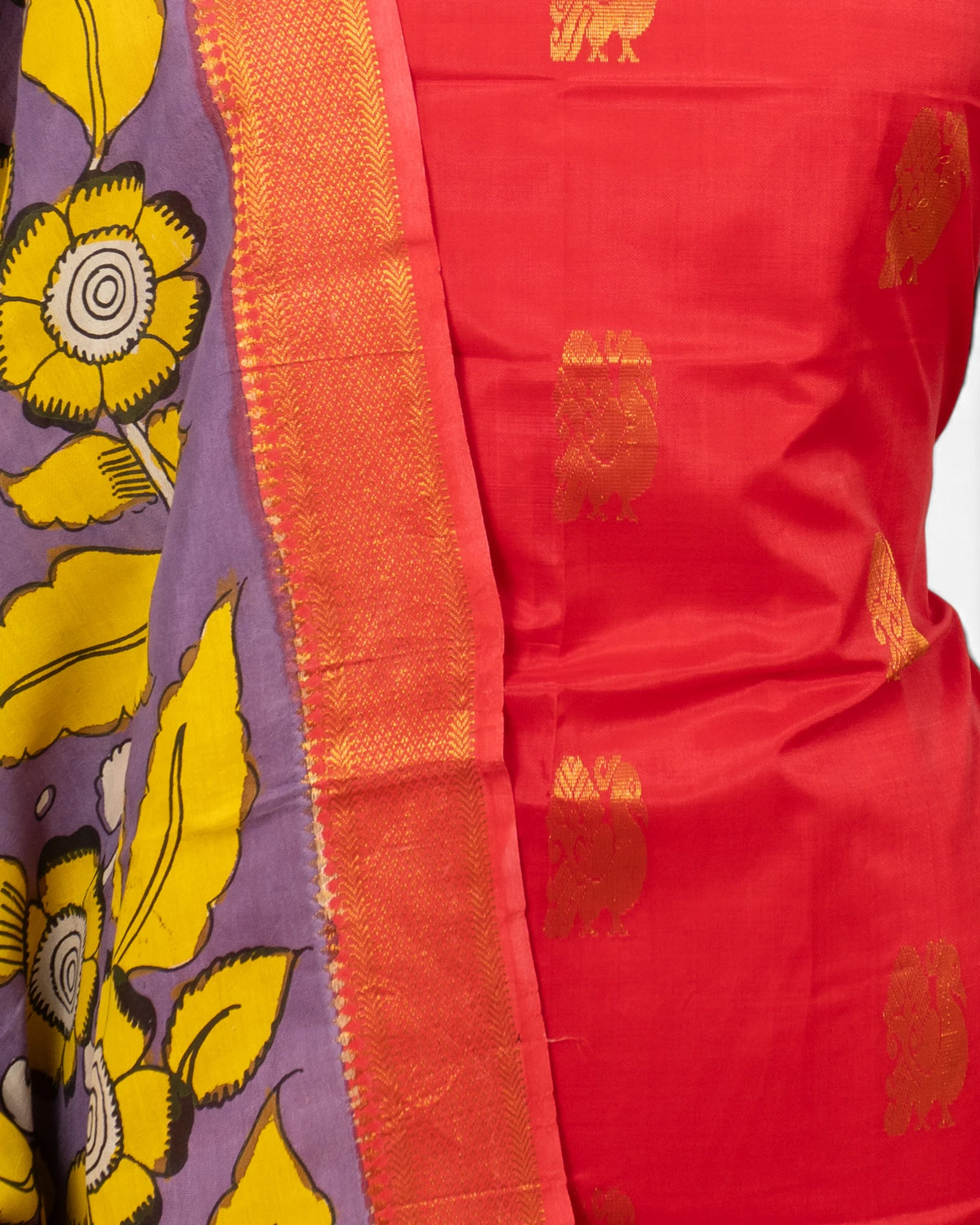 Uppada Silk Butta Red Salwar Suit Set W/O Bottom And Kalamkari Dupatta