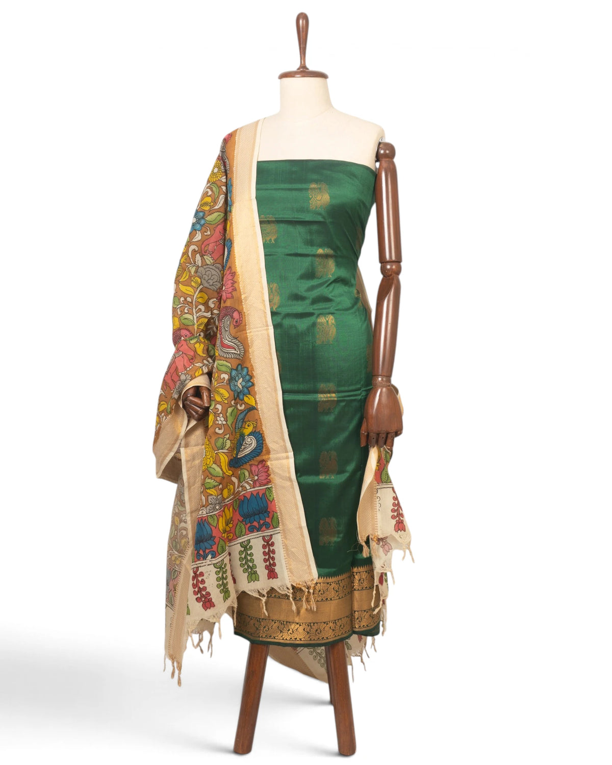 Uppada Silk Butta Bottle Green Salwar Suit Set W/O Bottom And Kalamkari Dupatta