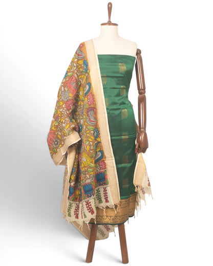 Uppada Silk Butta Bottle Green Salwar Suit Set W/O Bottom And Kalamkari Dupatta