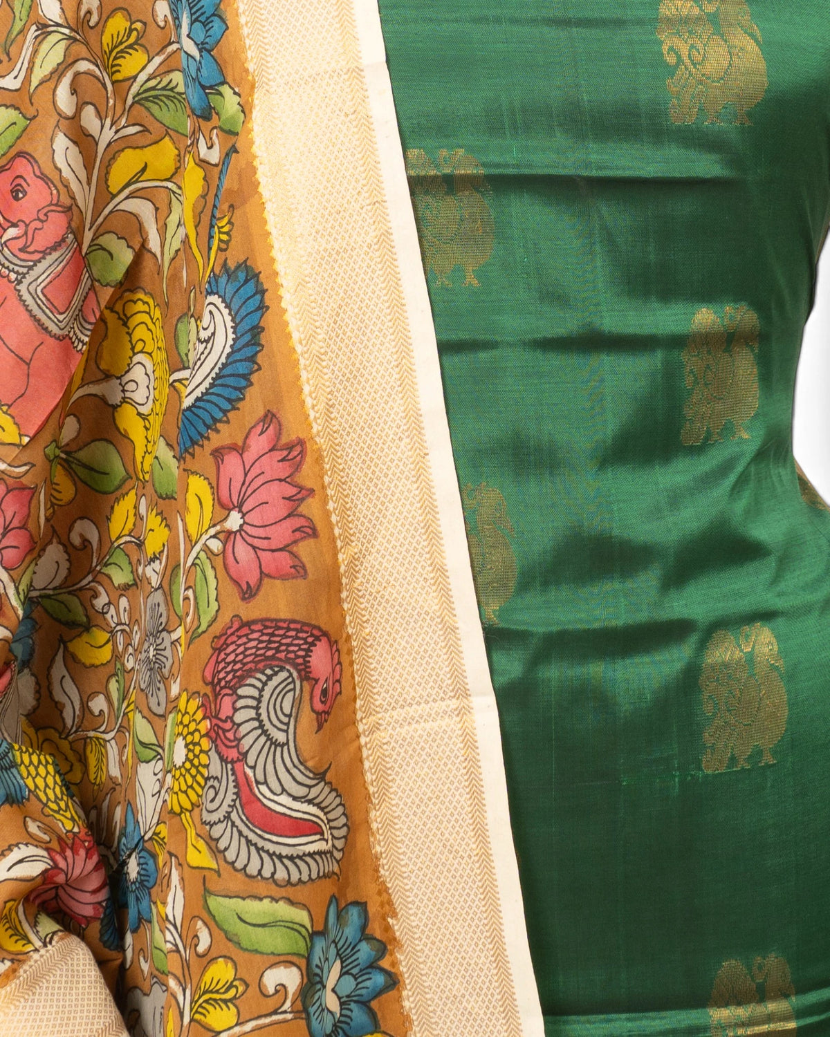 Uppada Silk Butta Bottle Green Salwar Suit Set W/O Bottom And Kalamkari Dupatta