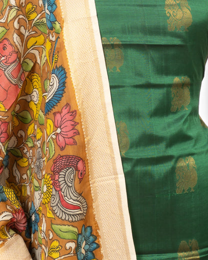 Uppada Silk Butta Bottle Green Salwar Suit Set W/O Bottom And Kalamkari Dupatta